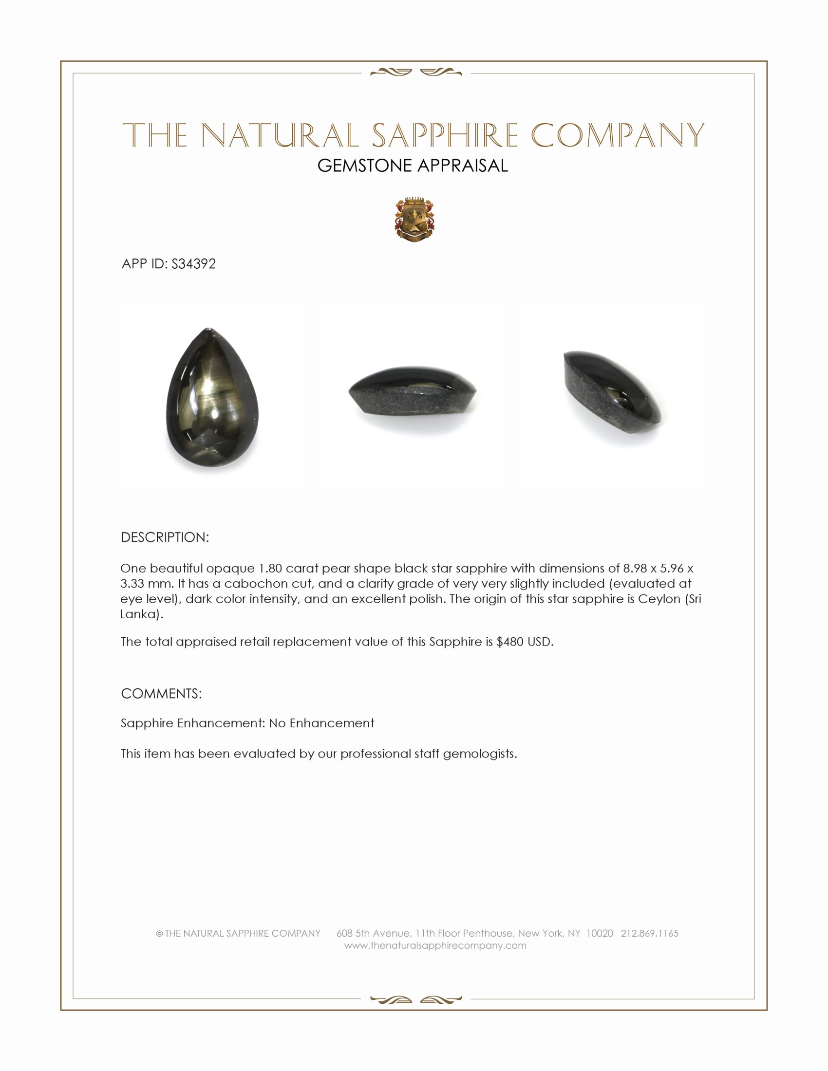 1.80 Ct. Black Star Sapphire from Ceylon (Sri Lanka)