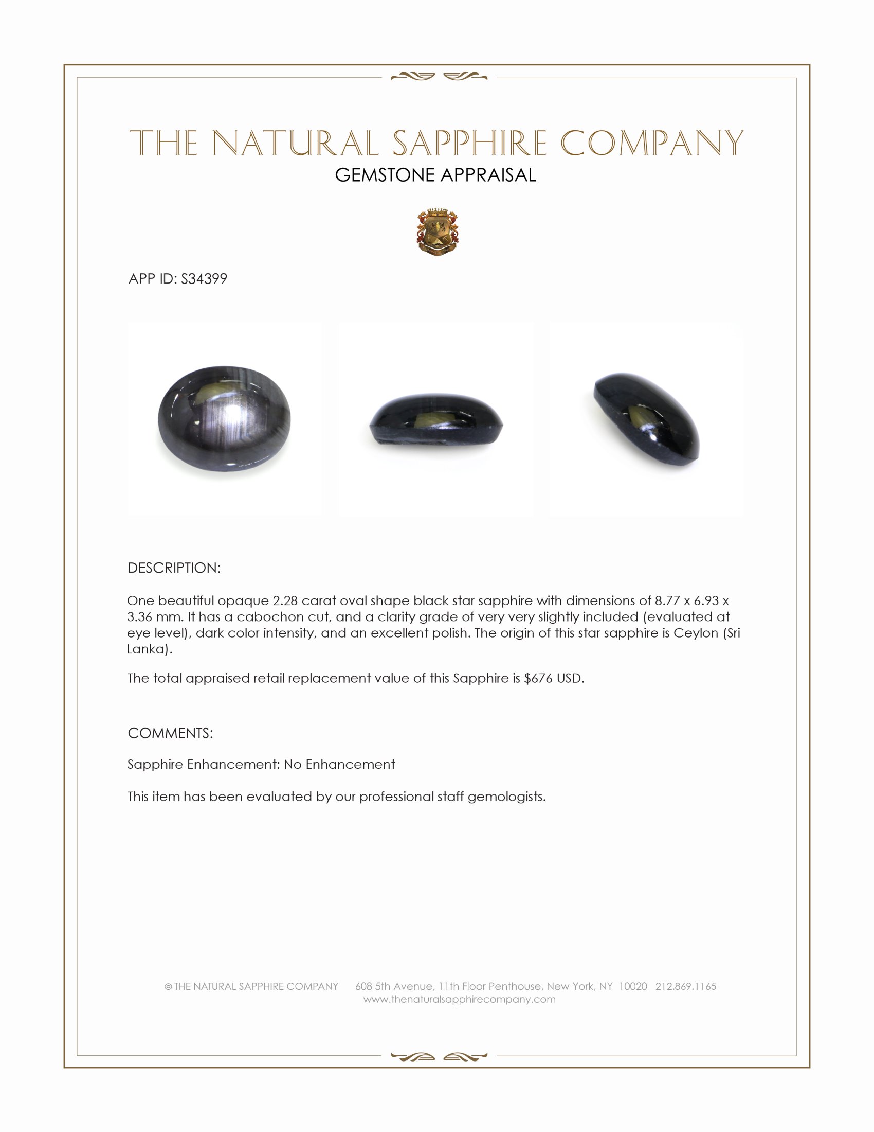2.28 Ct. Black Star Sapphire from Ceylon (Sri Lanka)