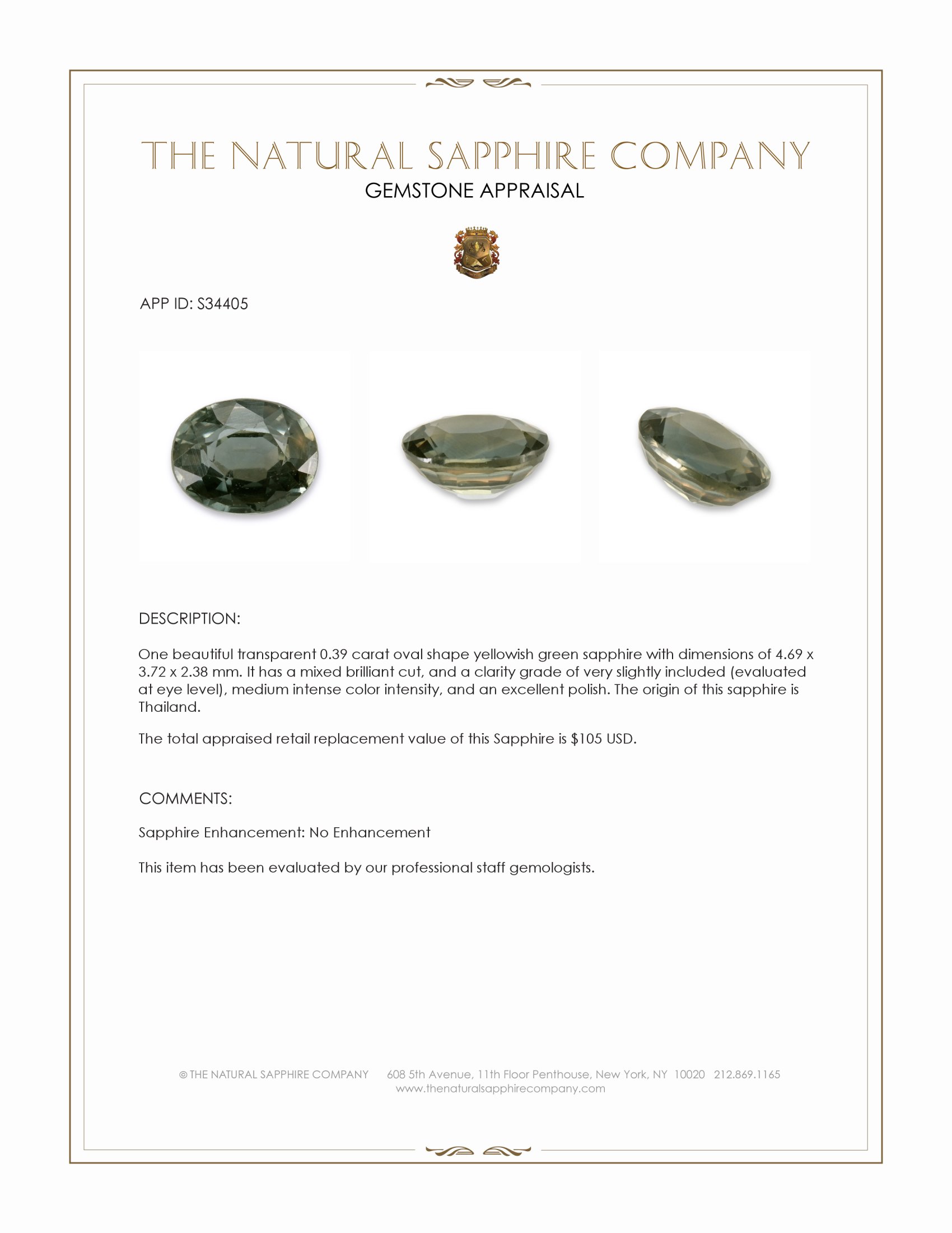 0.39 Ct. Yellowish Green Sapphire from Thailand