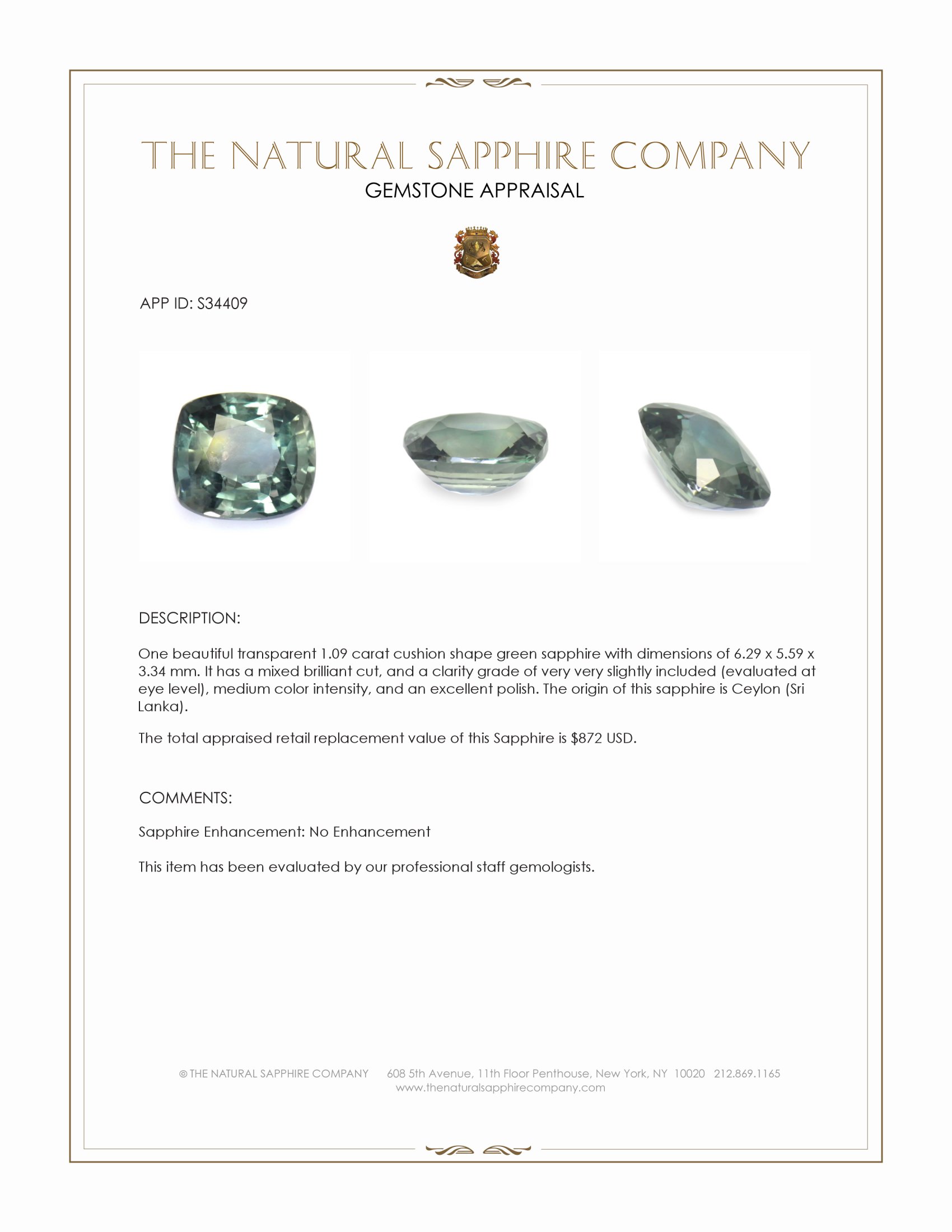 1.09 Ct. Green Sapphire from Ceylon (Sri Lanka)