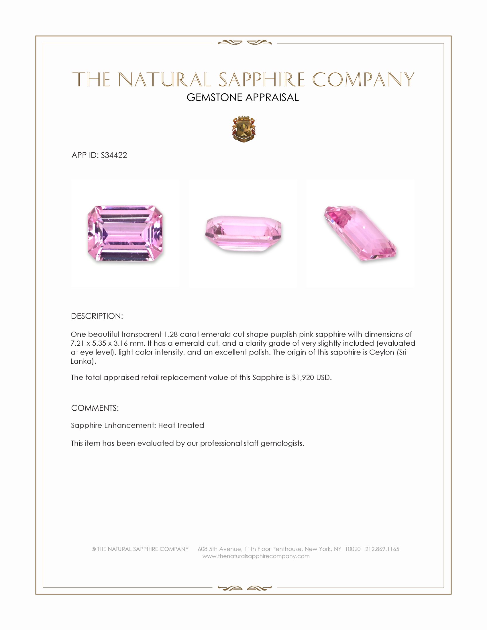 1.28 Ct. Purplish Pink Sapphire from Ceylon (Sri Lanka)