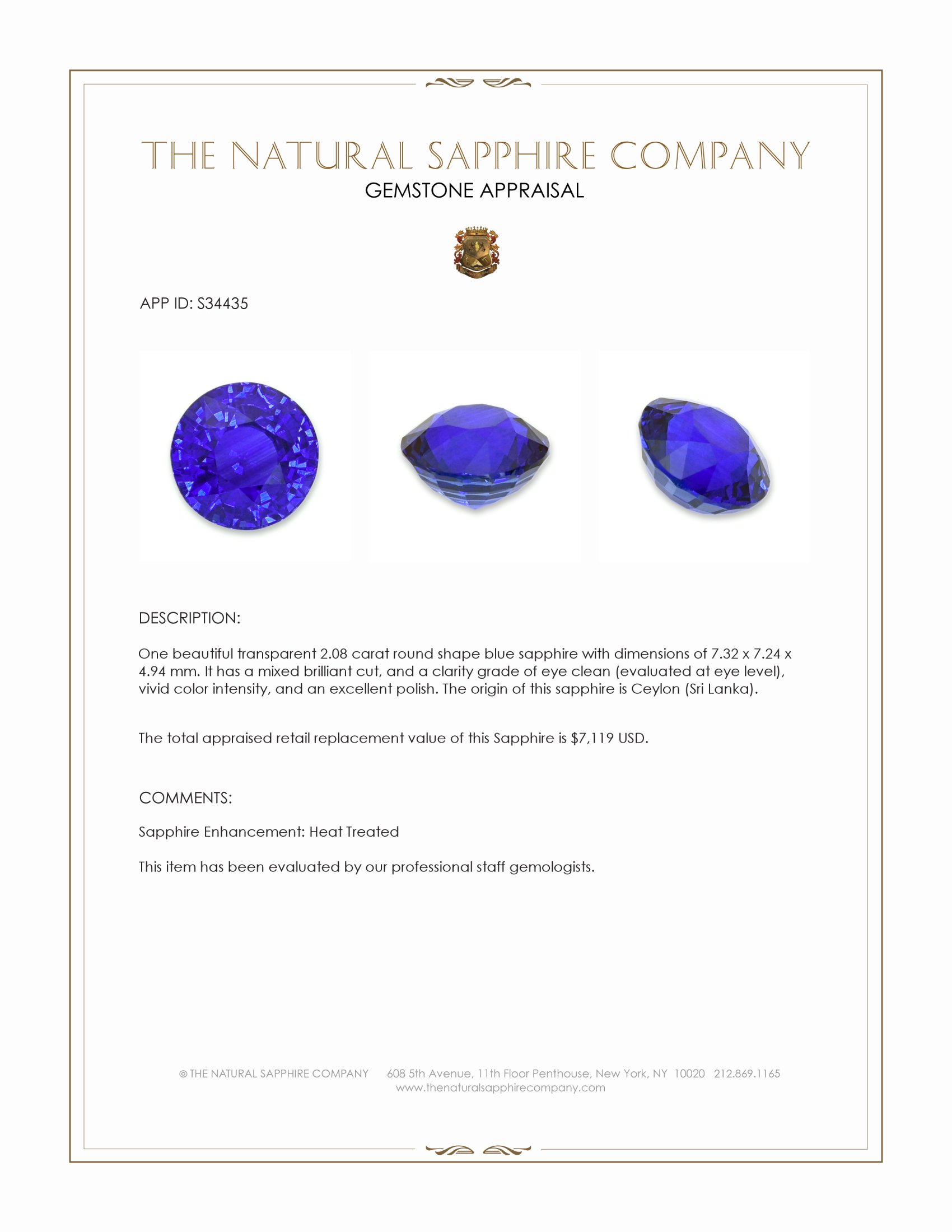 2.08 Ct. Blue Sapphire from Ceylon (Sri Lanka)