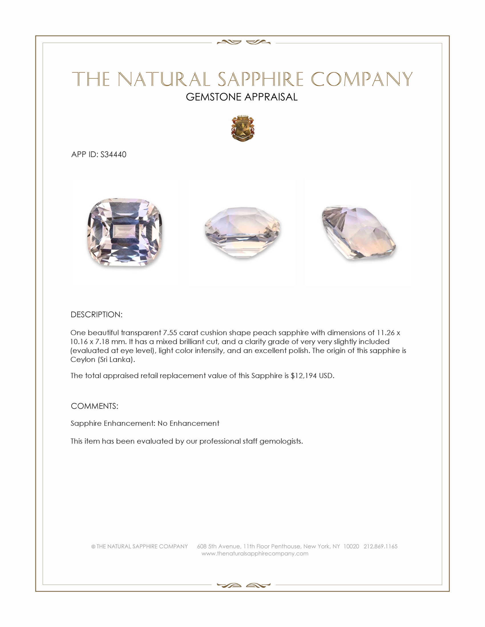 7.55 Ct. Peach Sapphire from Ceylon (Sri Lanka)