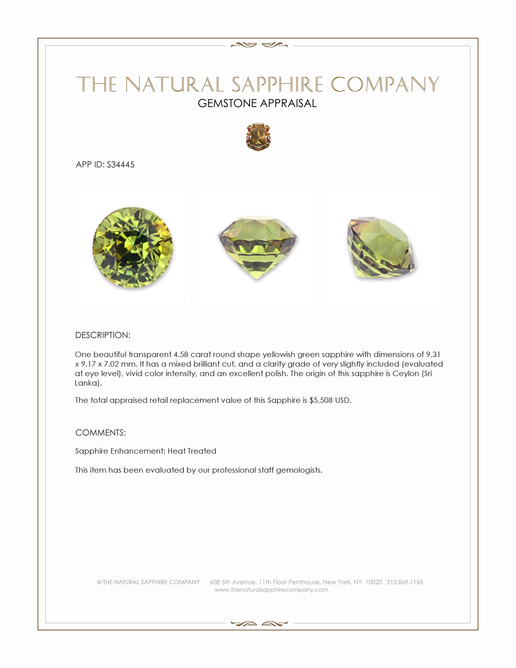 4.58 Ct. Yellowish Green Sapphire from Ceylon (Sri Lanka)