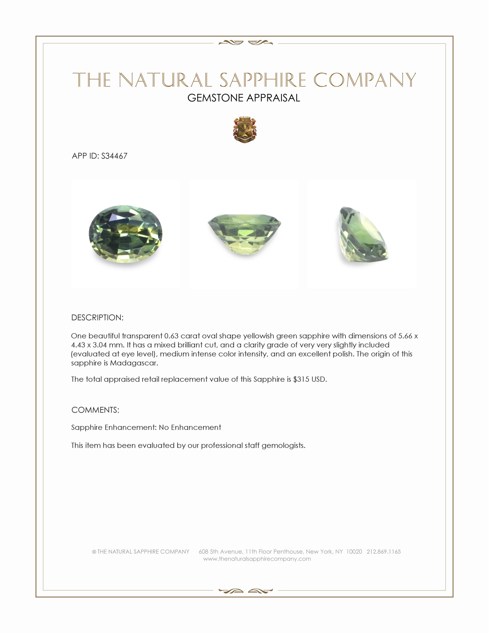 0.63 Ct. Yellowish Green Sapphire from Madagascar