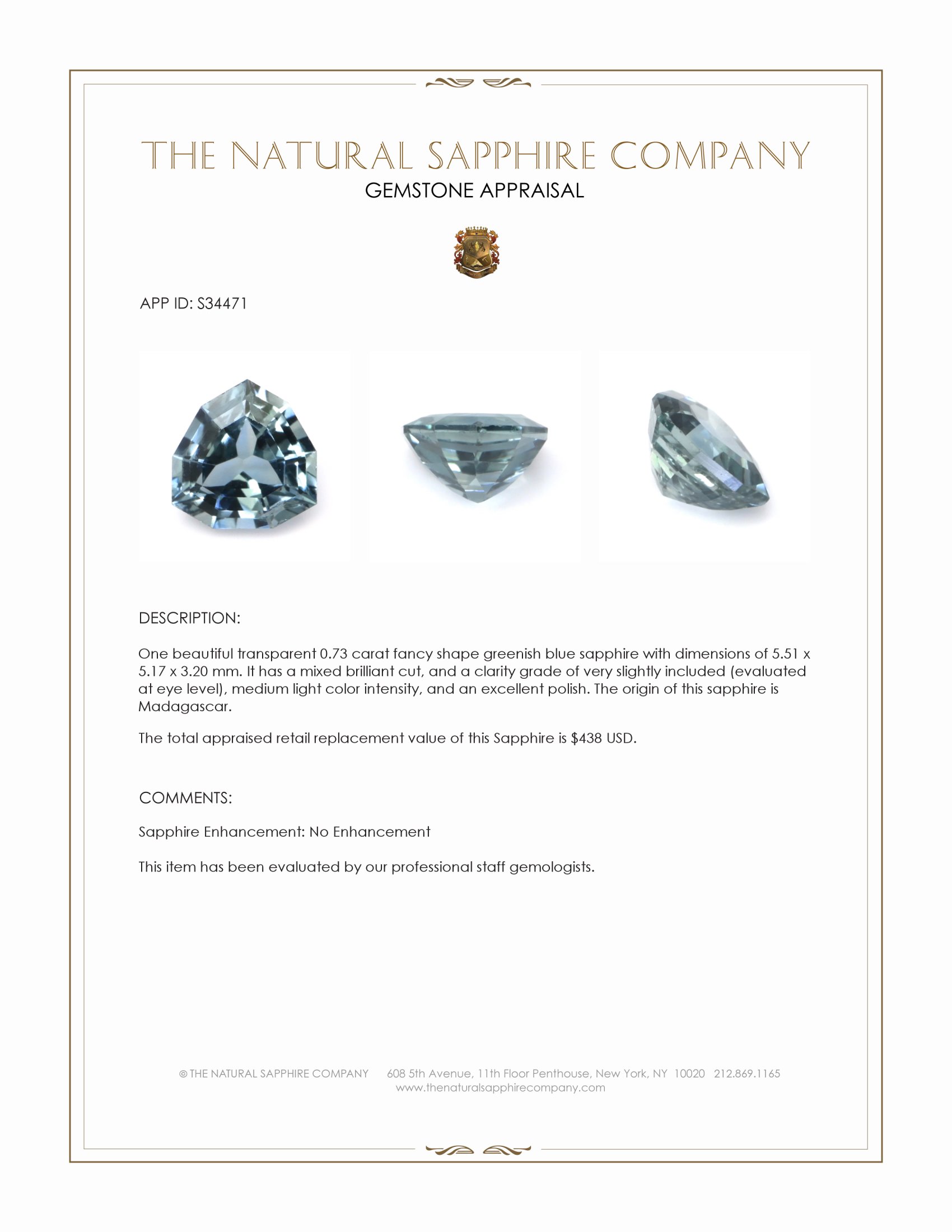 0.73 Ct. Greenish Blue Sapphire from Madagascar