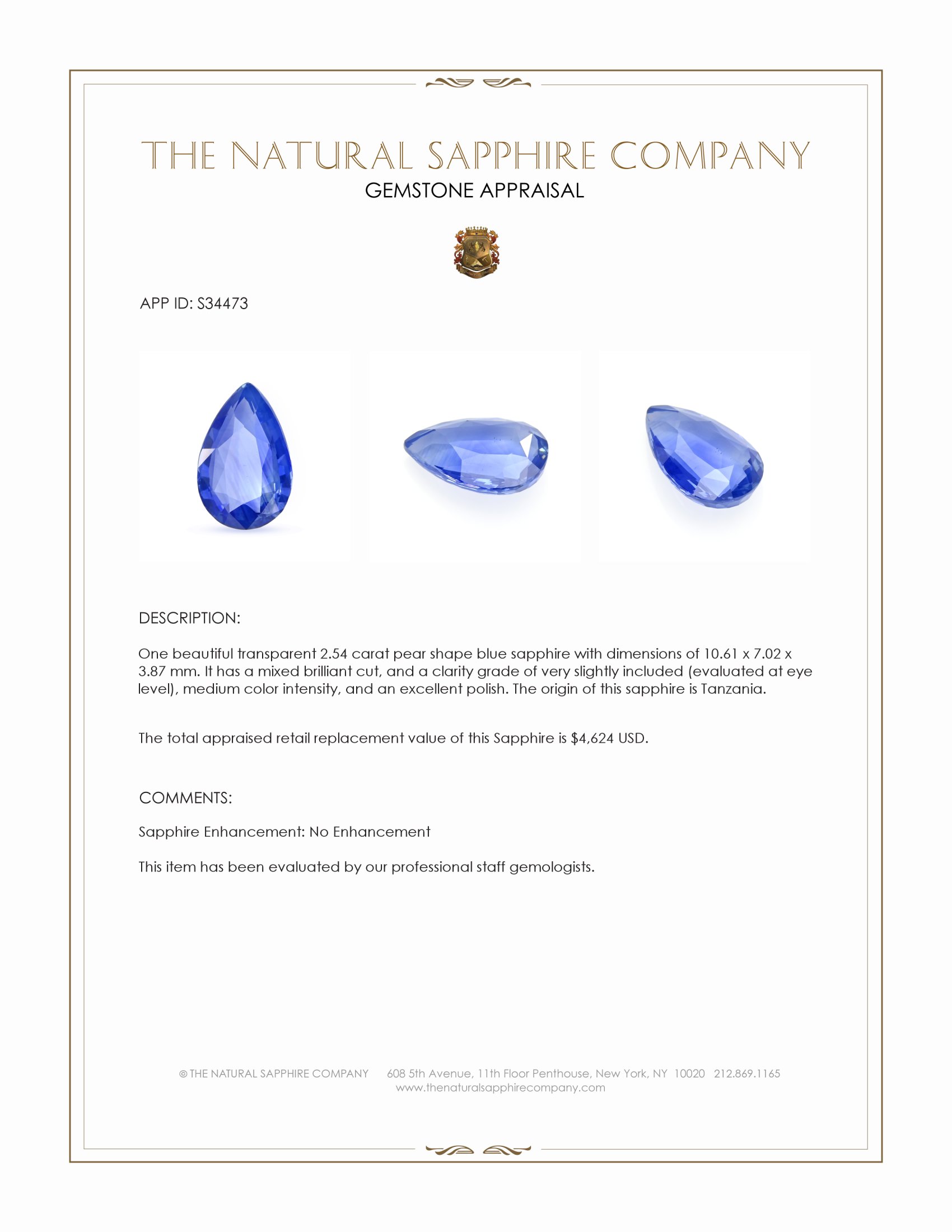 2.54 Ct. Blue Sapphire from Tanzania