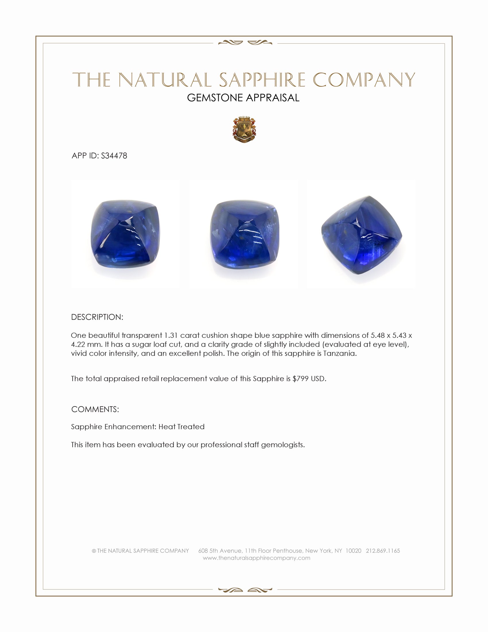 1.31 Ct. Blue Cabochon Sapphire from Tanzania