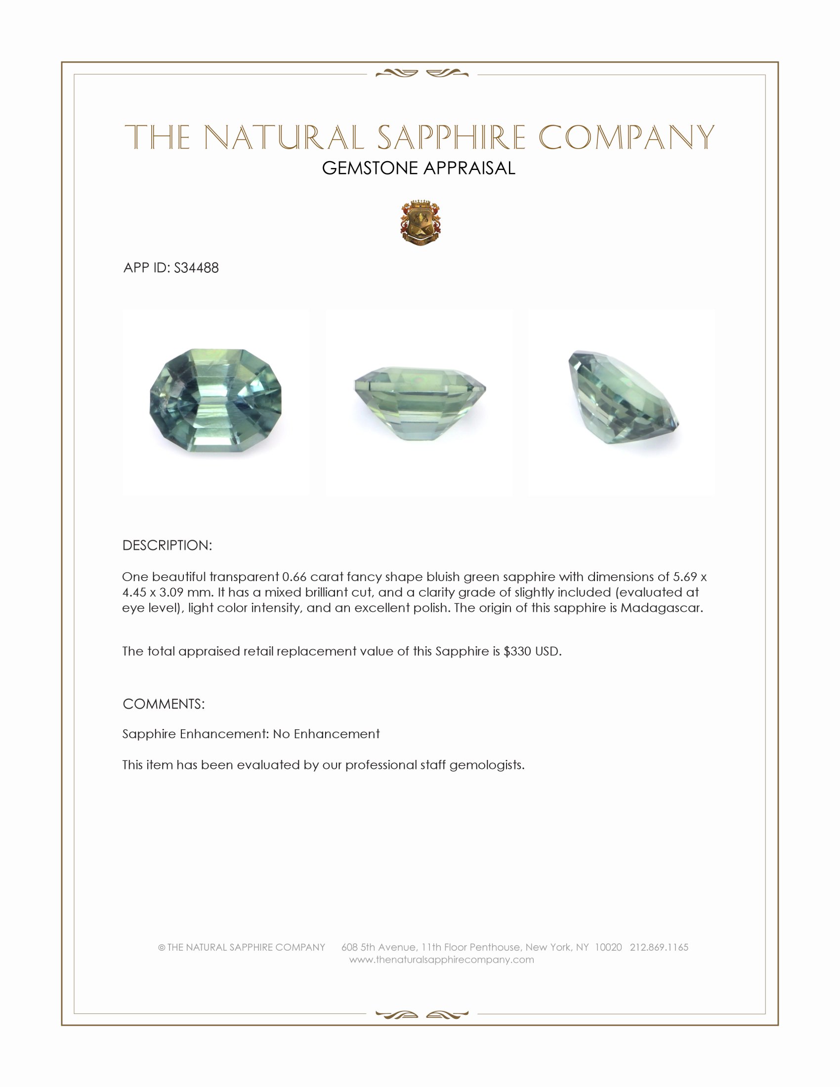 0.66 Ct. Bluish Green Sapphire from Madagascar