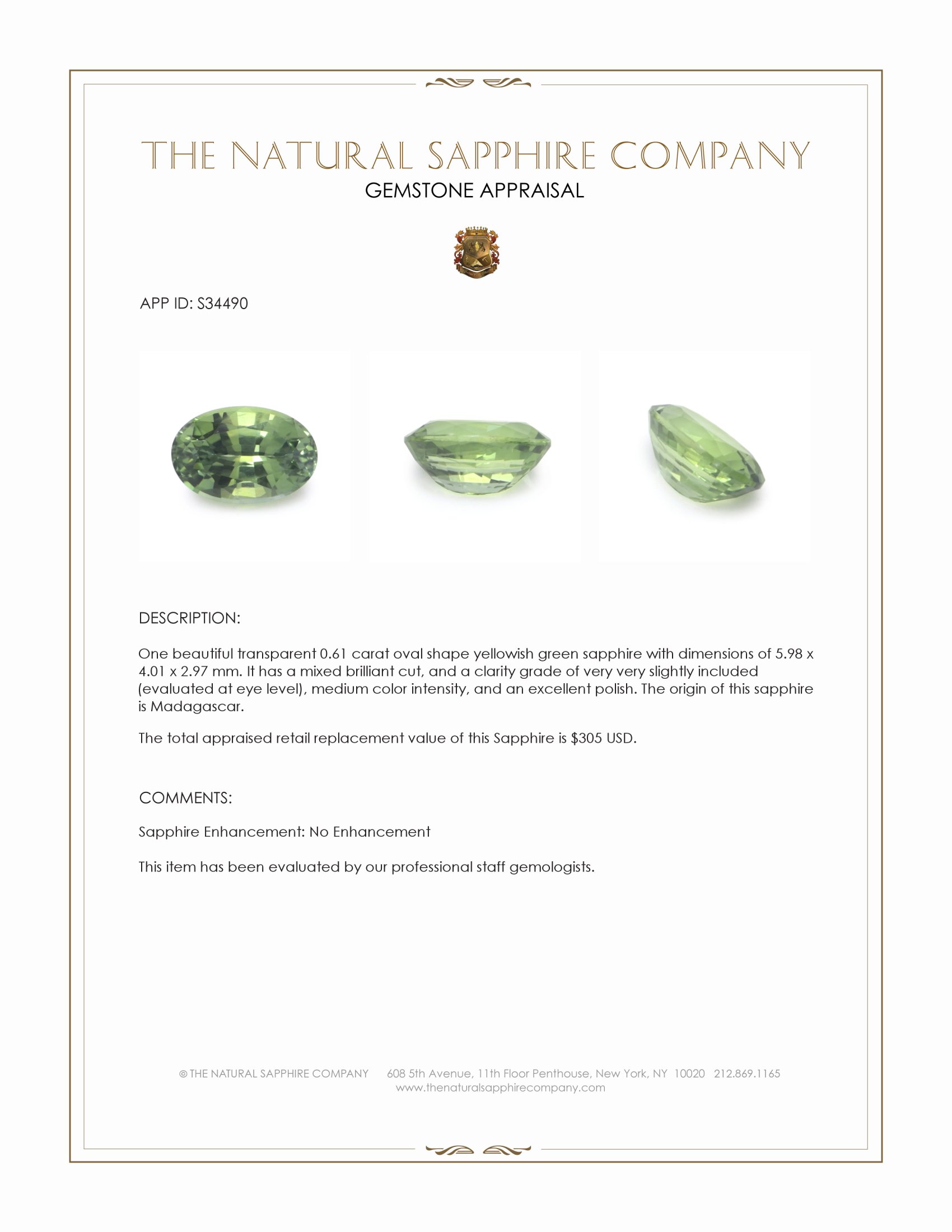 0.61 Ct. Yellowish Green Sapphire from Madagascar