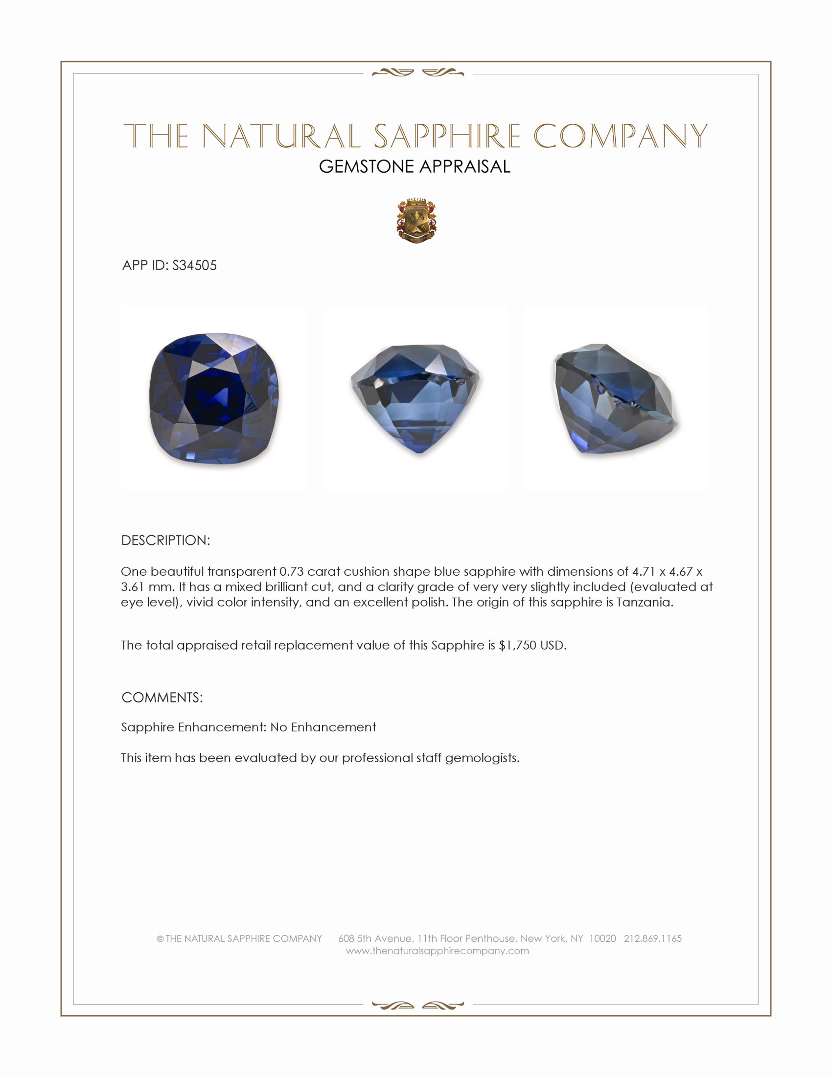 0.73 Ct. Blue Sapphire from Tanzania