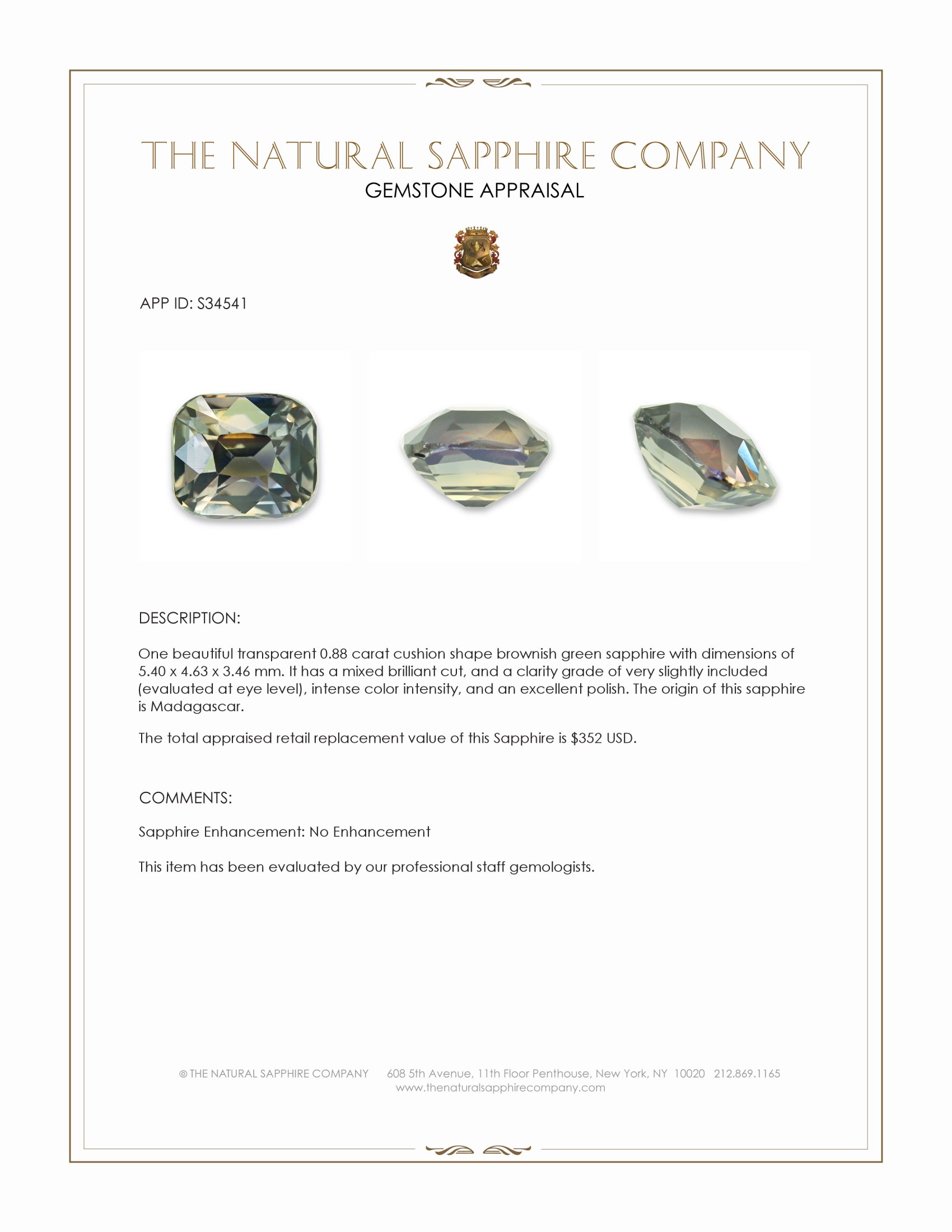 0.88 Ct. Brownish Green Sapphire from Madagascar