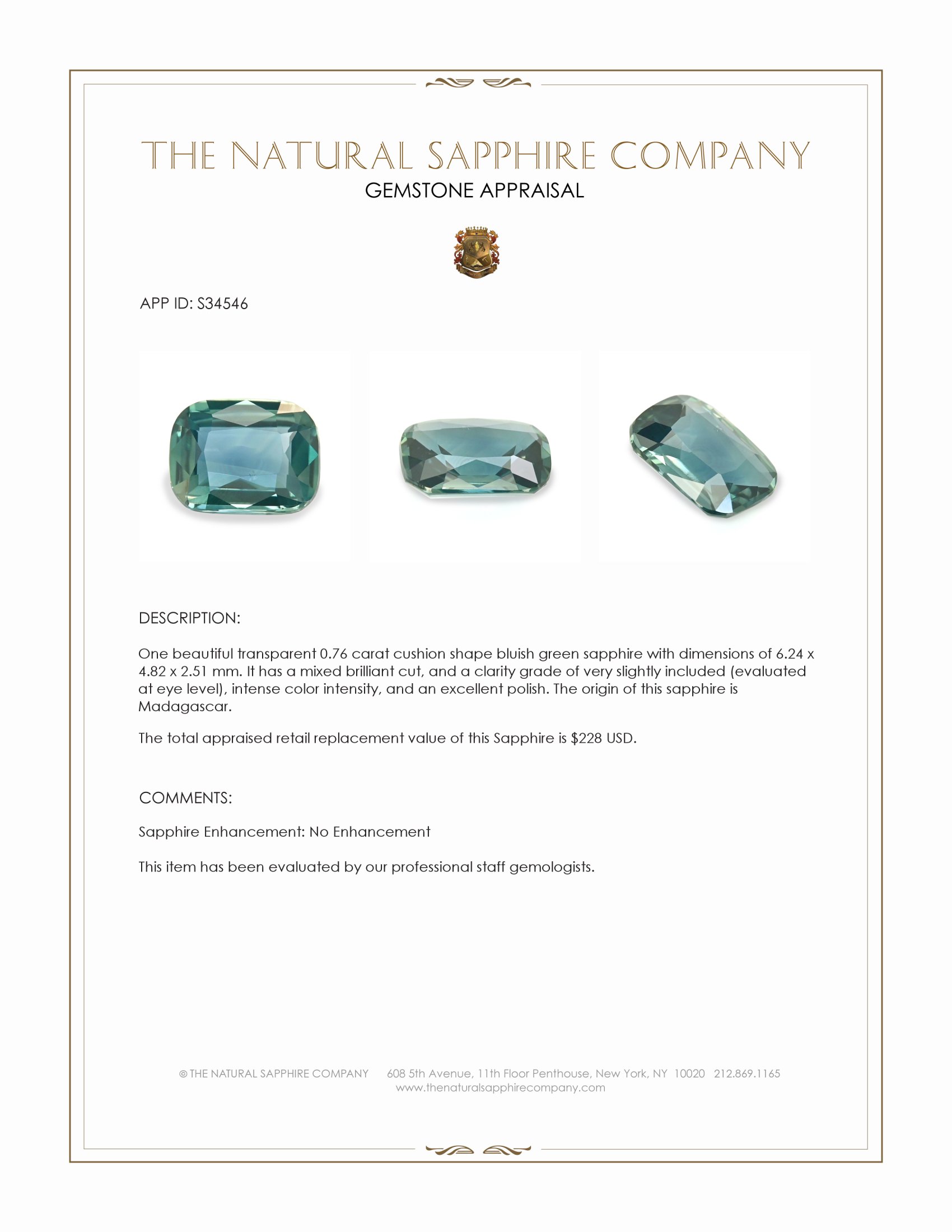 0.76 Ct. Bluish Green Sapphire from Madagascar