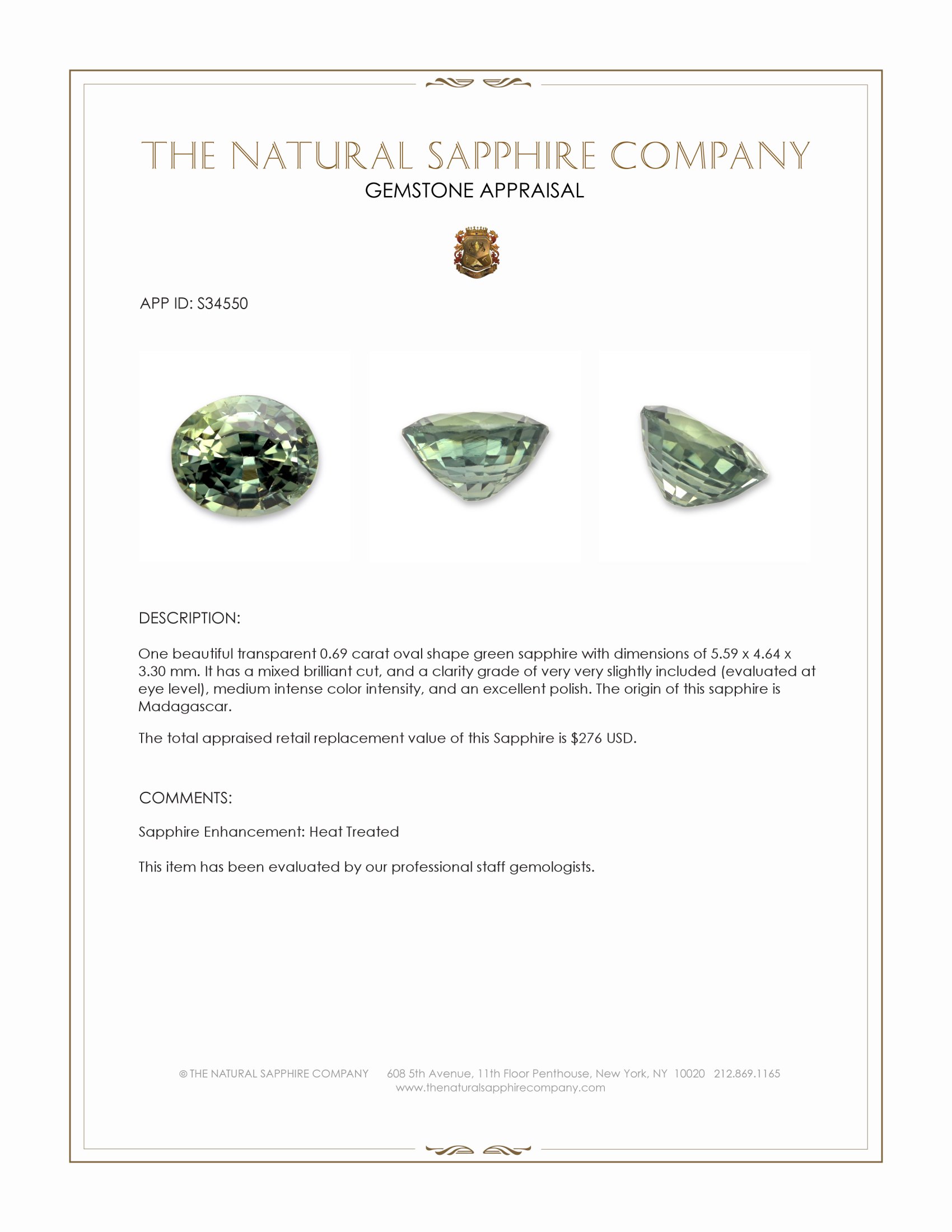 0.69 Ct. Green Sapphire from Madagascar