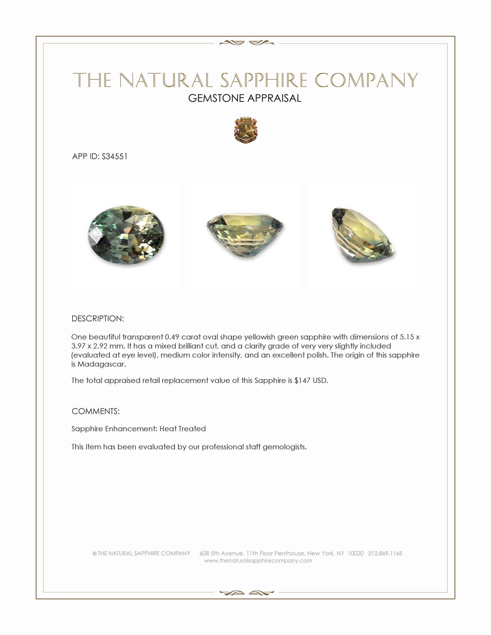0.49 Ct. Yellowish Green Sapphire from Madagascar