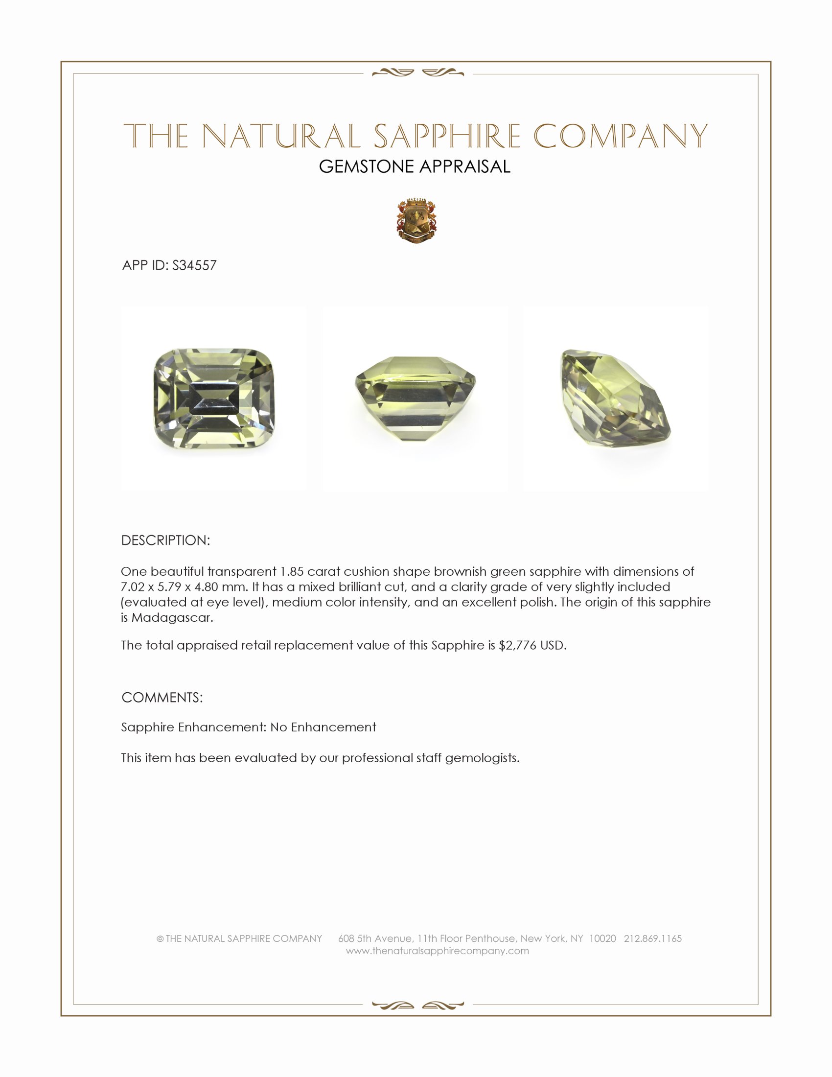 1.85 Ct. Brownish Green Sapphire from Madagascar