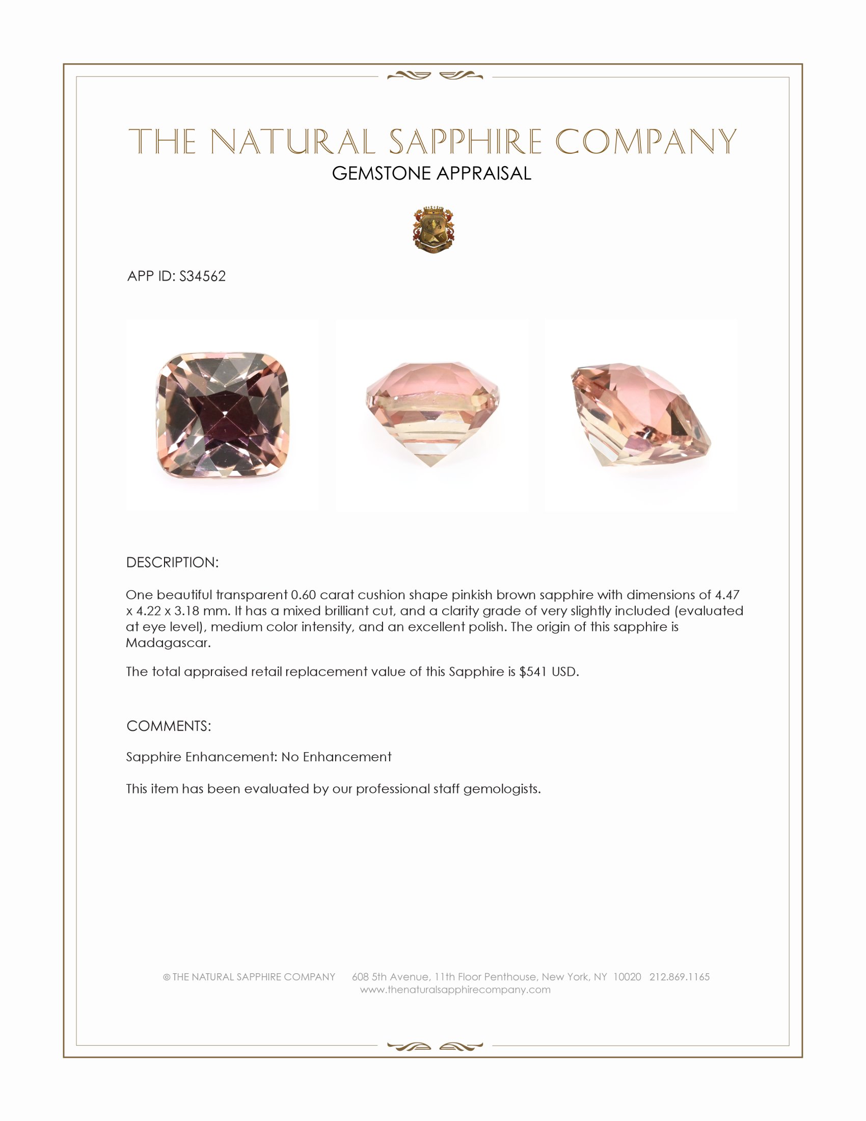 0.60 Ct. Pinkish Brown Sapphire from Madagascar
