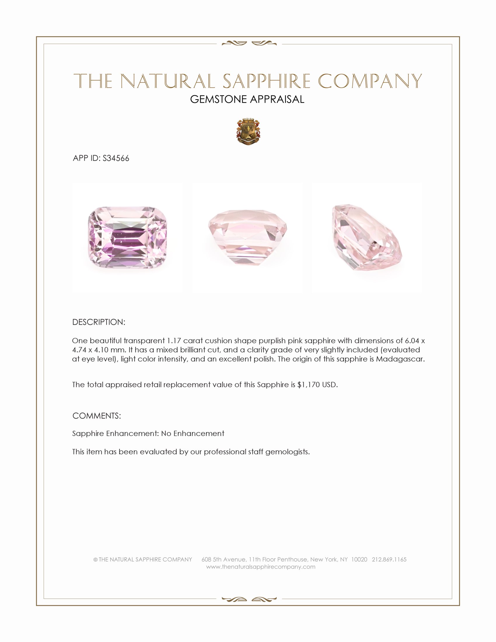 1.17 Ct. Purplish Pink Sapphire from Madagascar