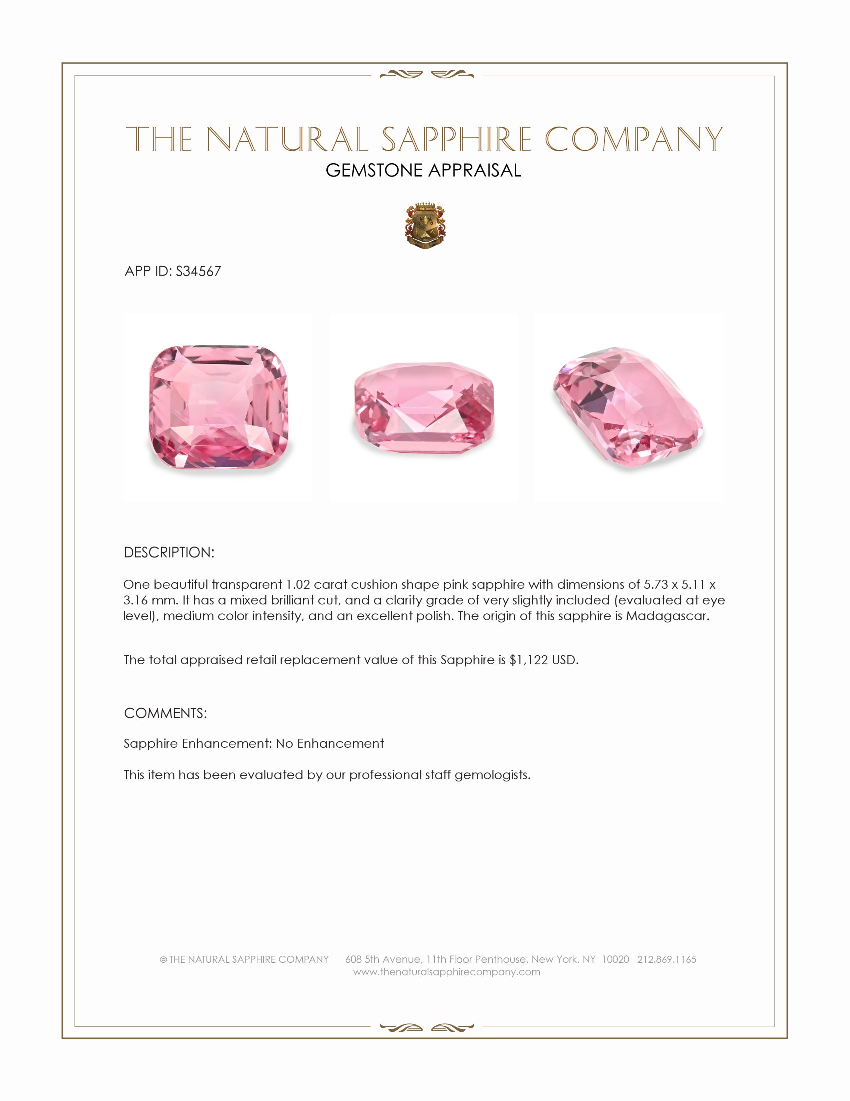 1.02 Ct. Pink Sapphire from Madagascar