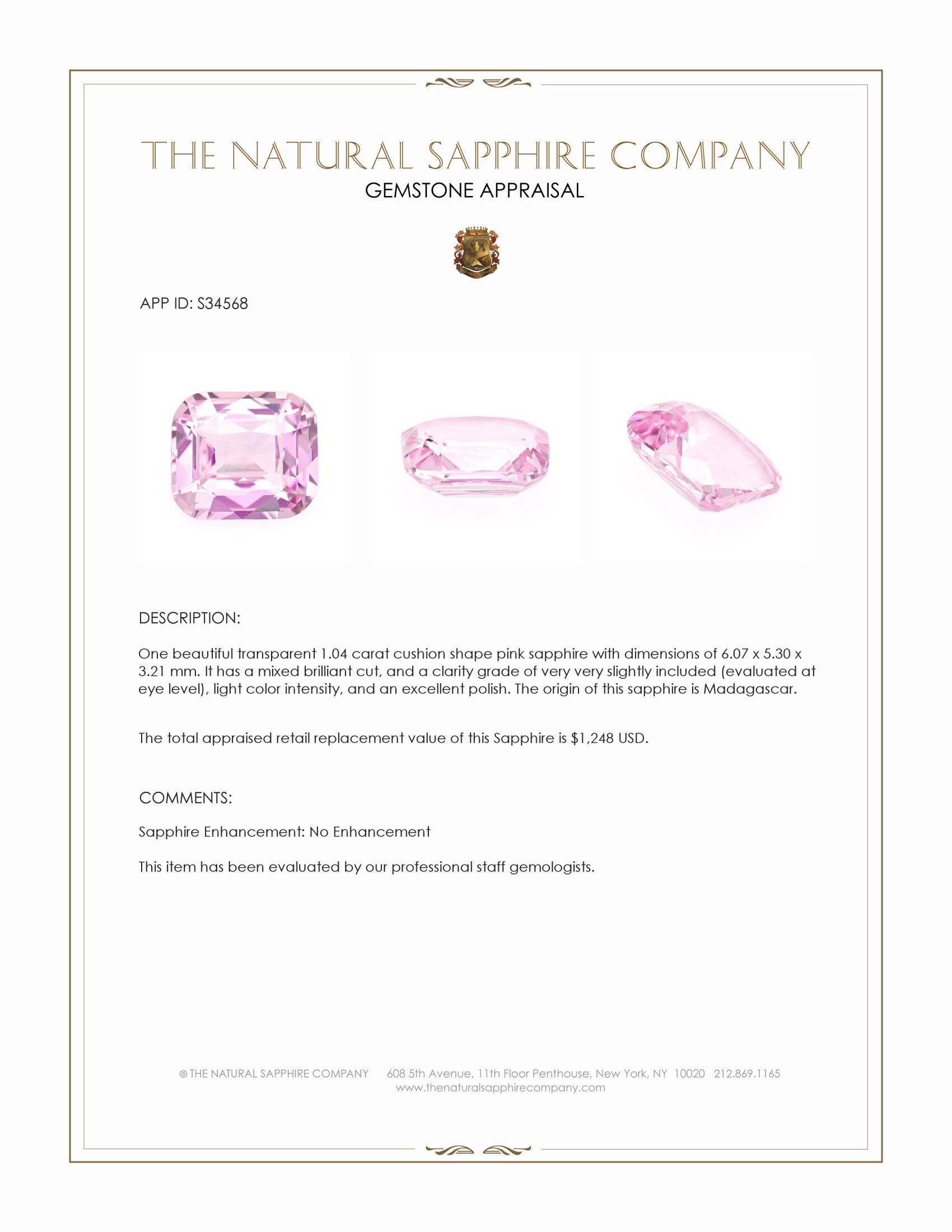 1.04 Ct. Pink Sapphire from Madagascar