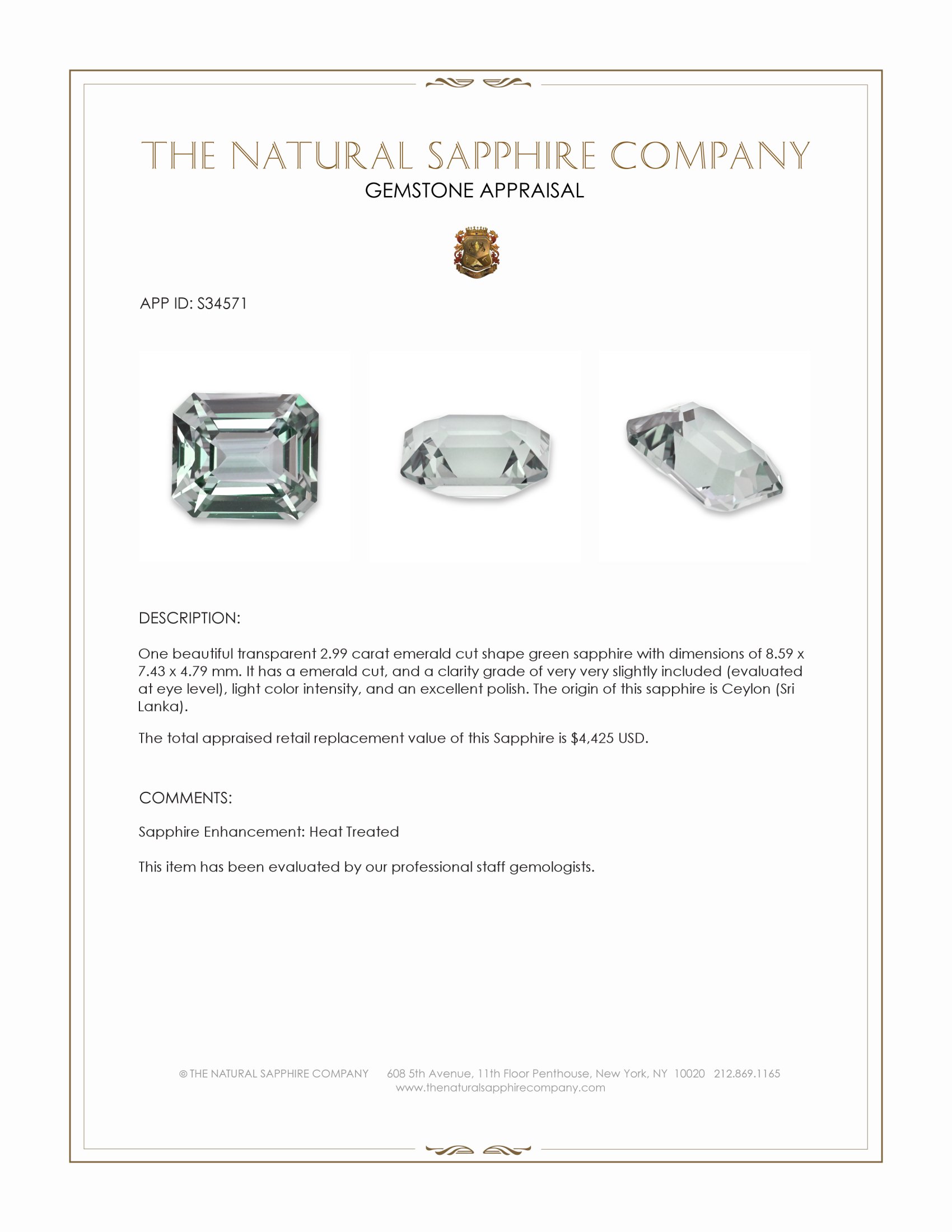 2.99 Ct. Green Sapphire from Ceylon (Sri Lanka)