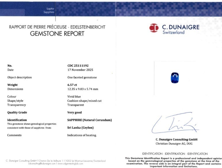6.57 Ct. Blue Sapphire from Ceylon (Sri Lanka)