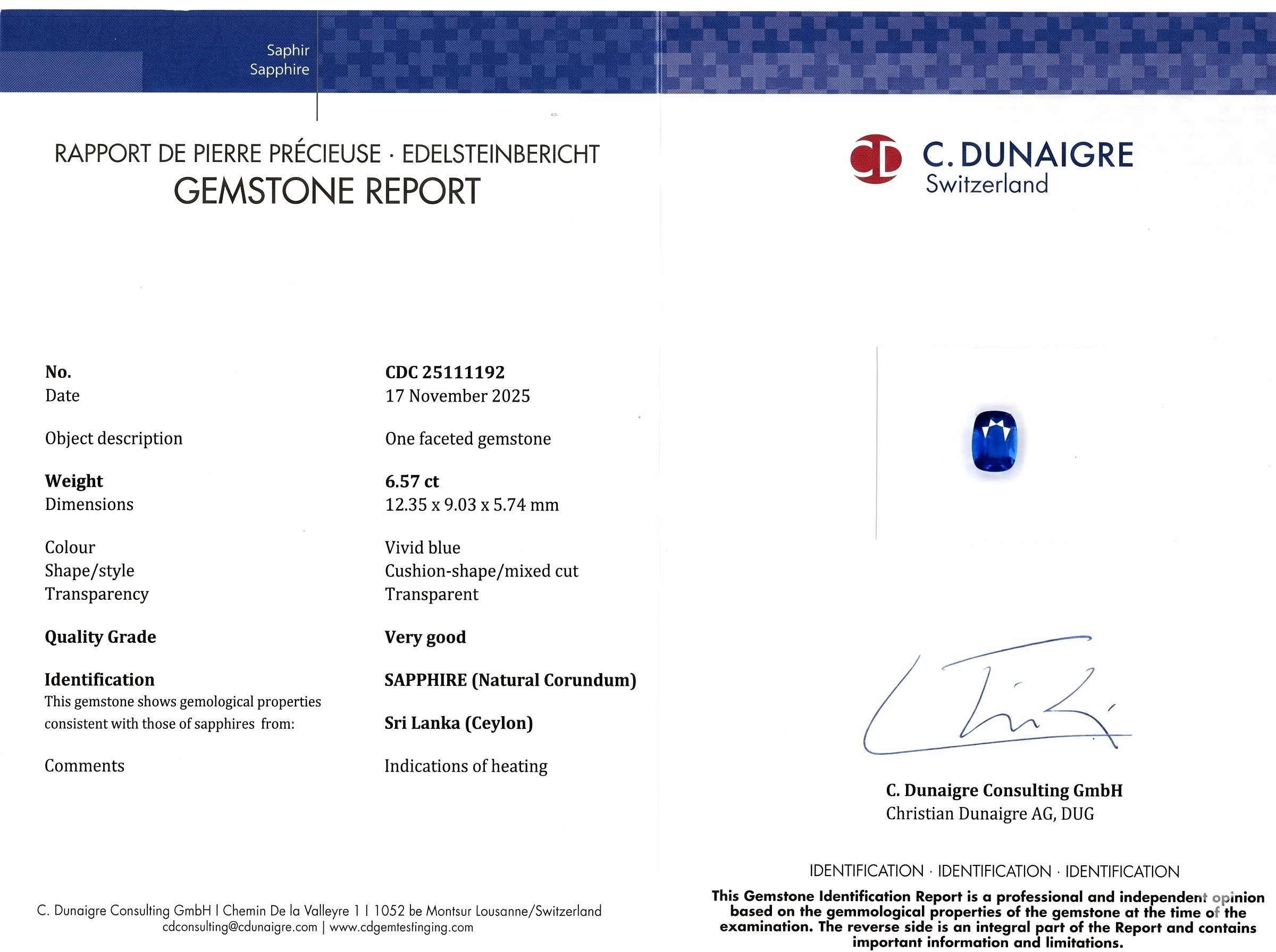 6.57 Ct. Blue Sapphire from Ceylon (Sri Lanka)