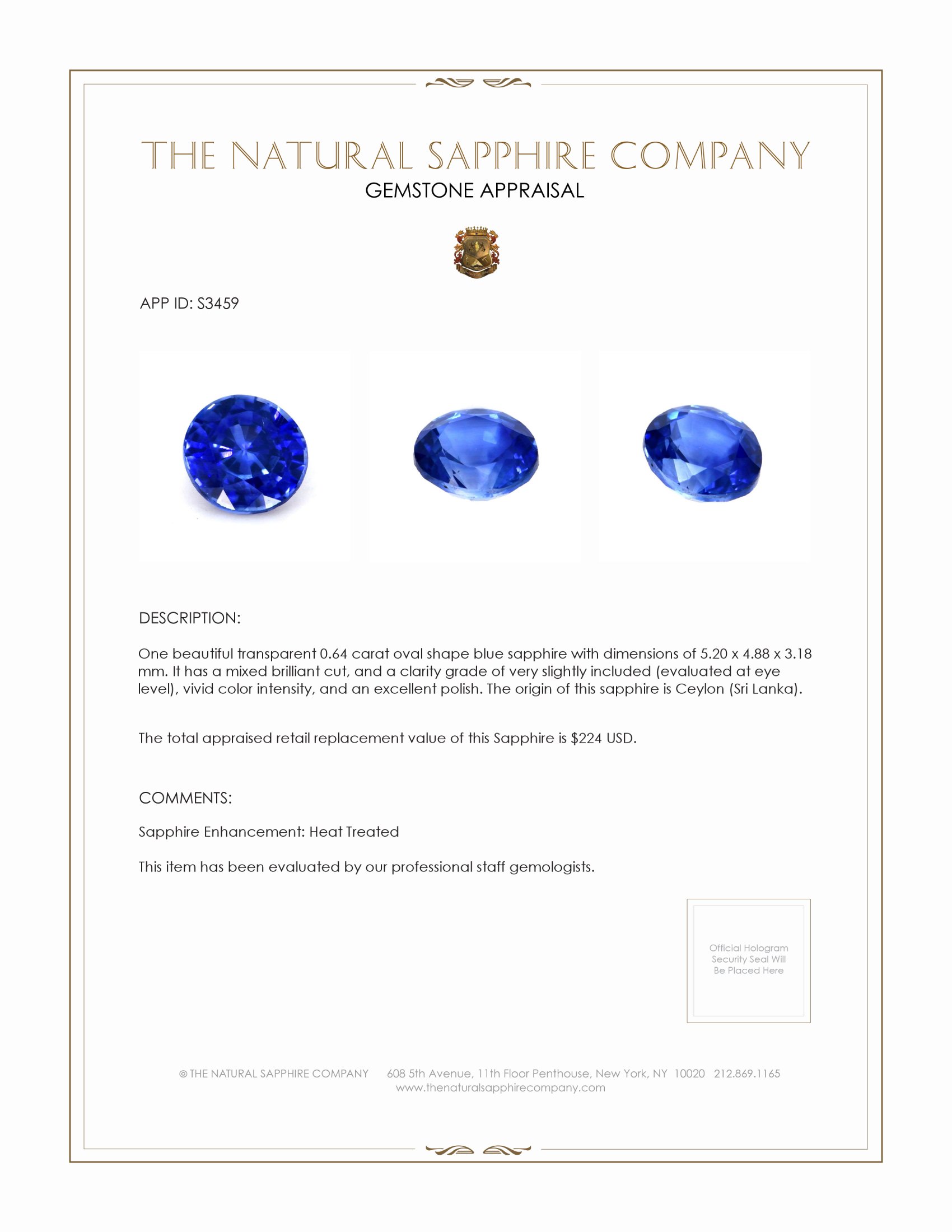 0.64 Ct. Blue Sapphire from Ceylon (Sri Lanka)