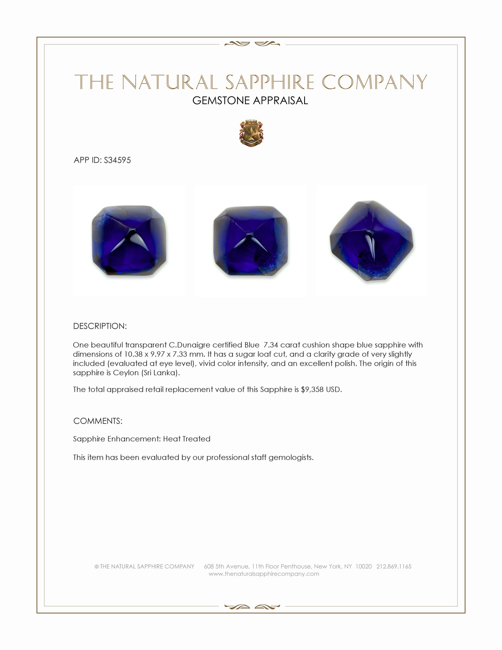 7.34 Ct. Blue Cabochon Sapphire from Ceylon (Sri Lanka)