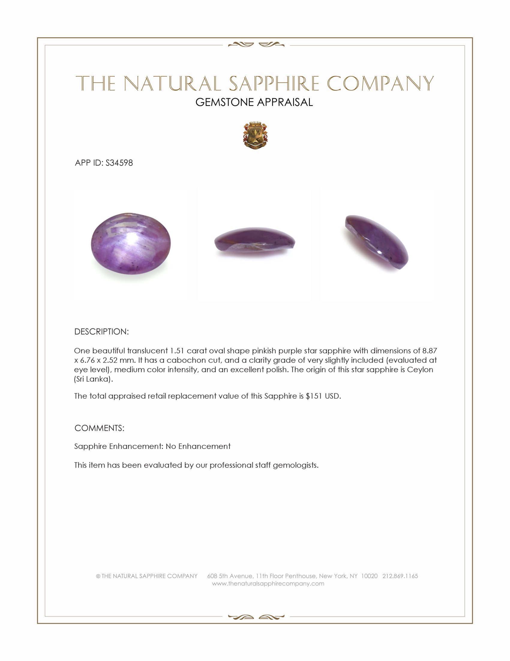 1.51 Ct. Pinkish Purple Star Sapphire from Ceylon (Sri Lanka)