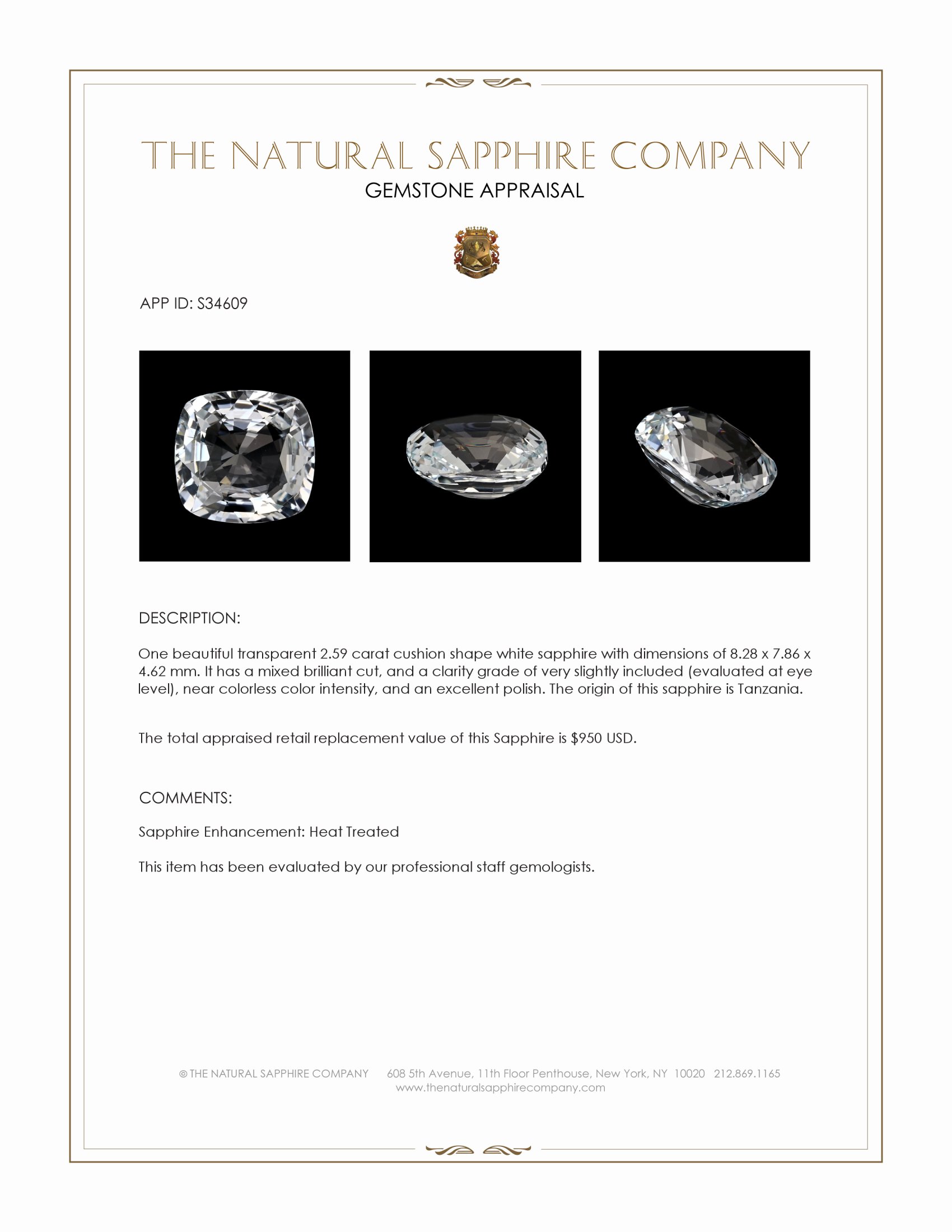 2.59 Ct. White Sapphire from Tanzania