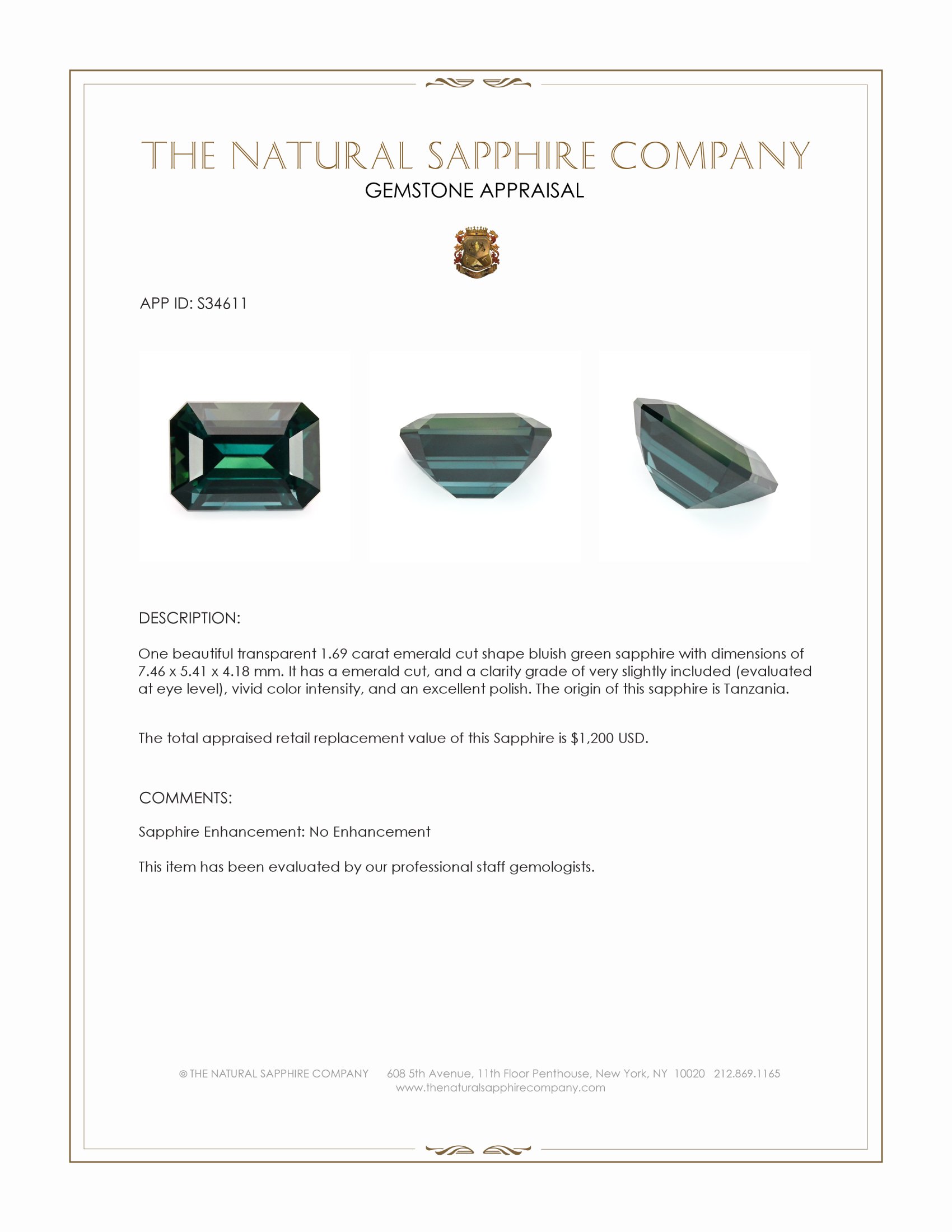 1.69 Ct. Bluish Green Sapphire from Tanzania