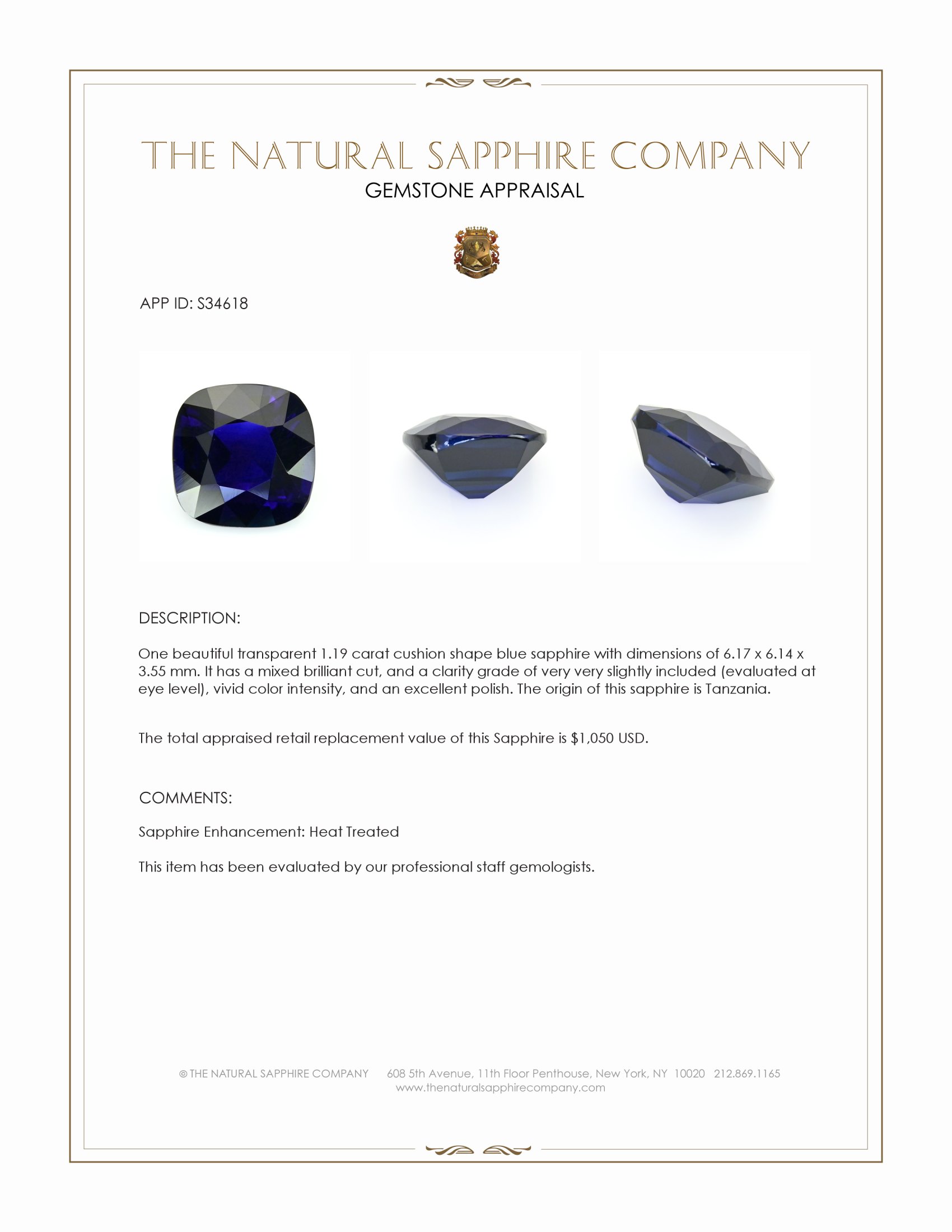 1.19 Ct. Blue Sapphire from Tanzania