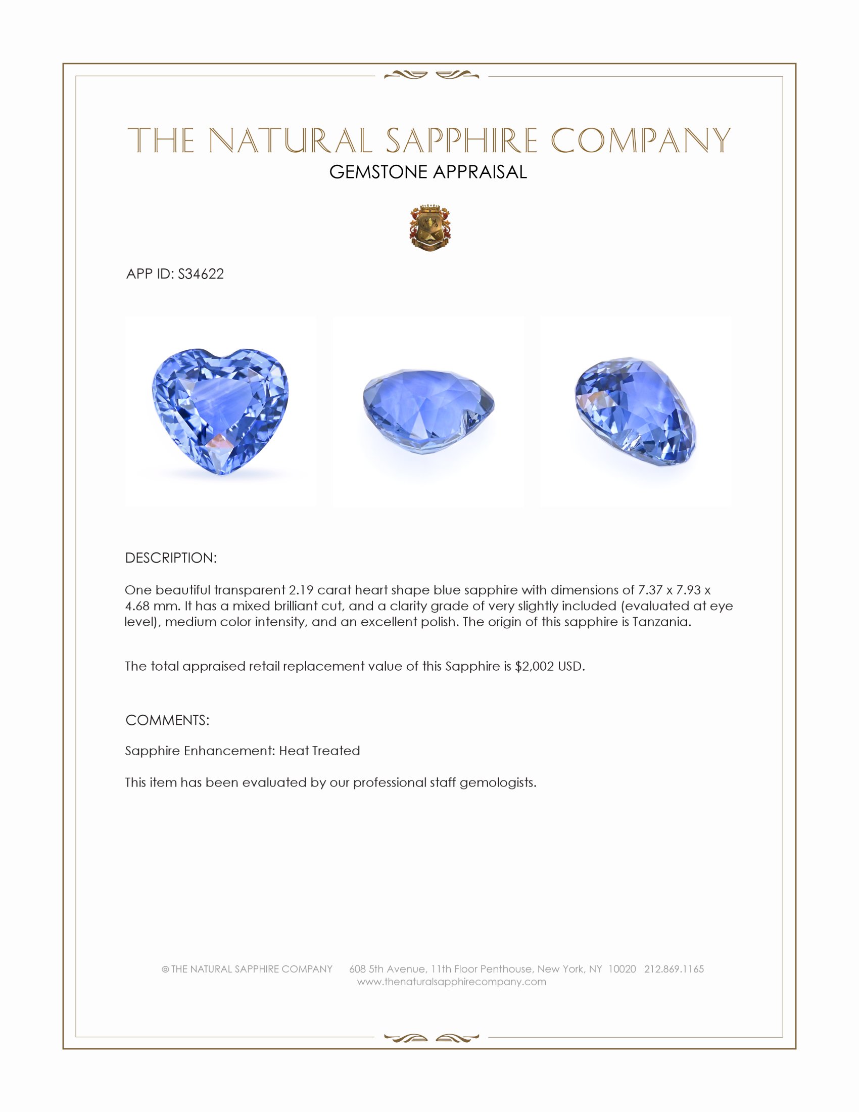 2.19 Ct. Blue Sapphire from Tanzania