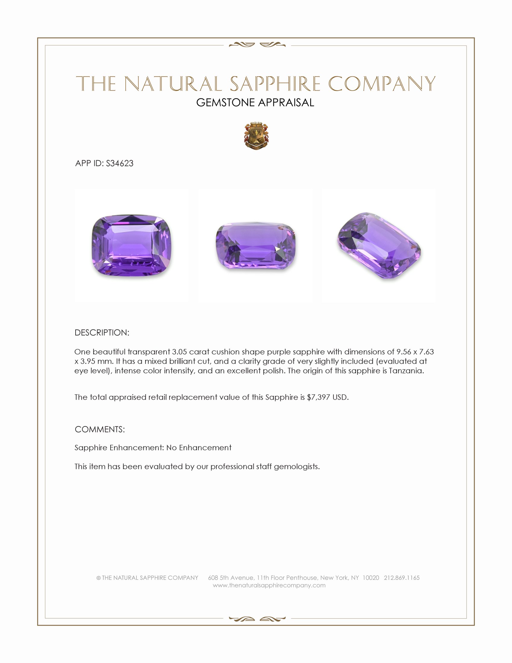 3.05 Ct. Purple Sapphire from Tanzania