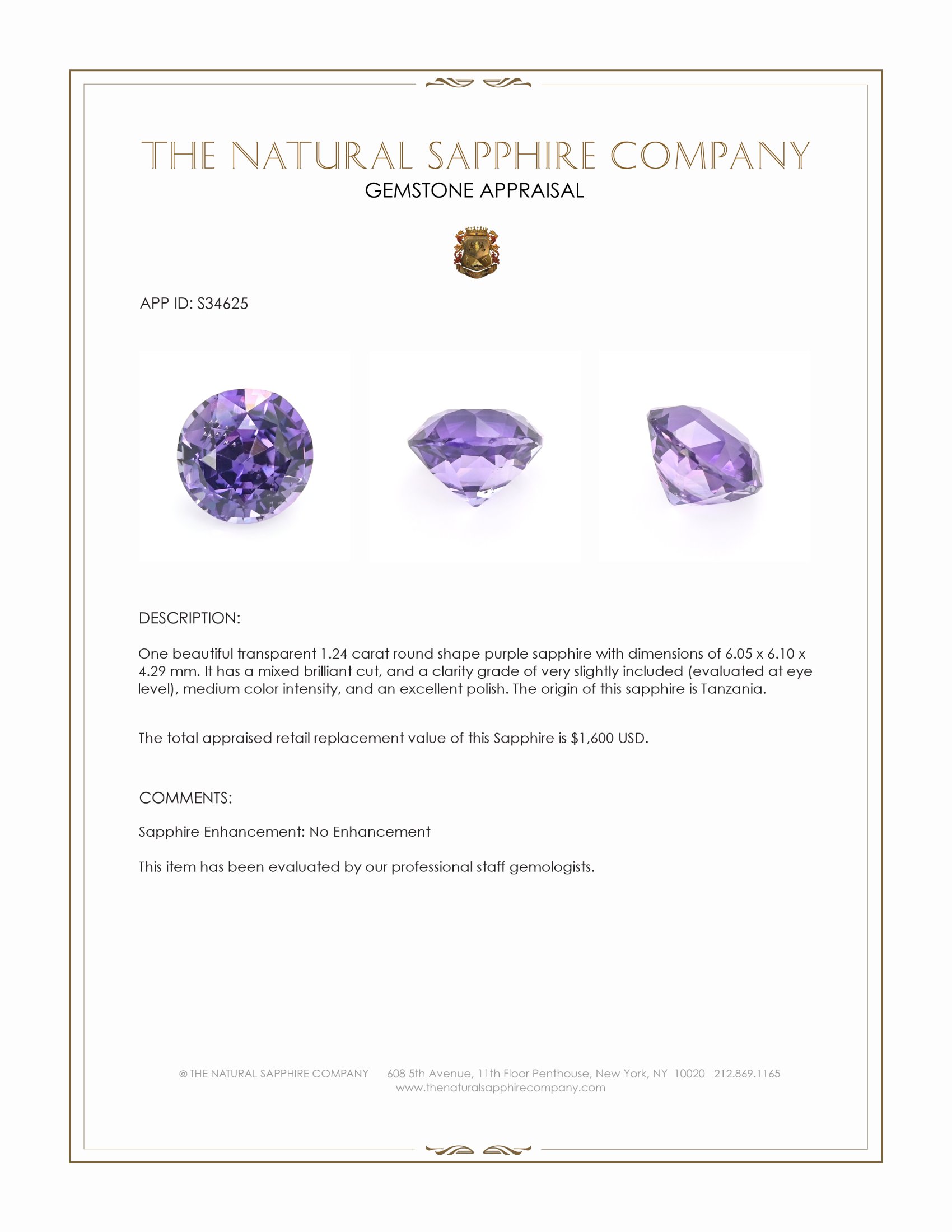 1.24 Ct. Purple Sapphire from Tanzania