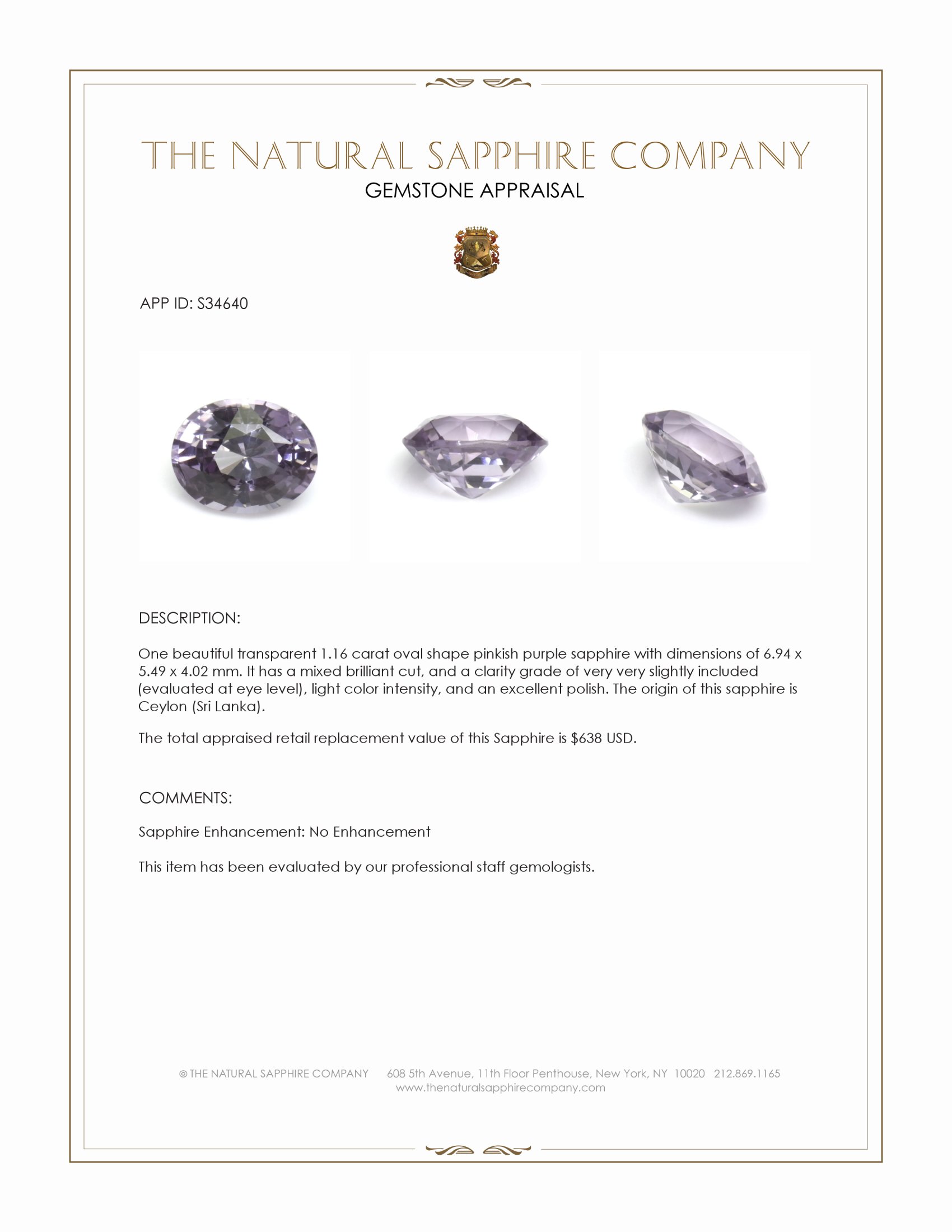 1.16 Ct. Pinkish Purple Sapphire from Ceylon (Sri Lanka)