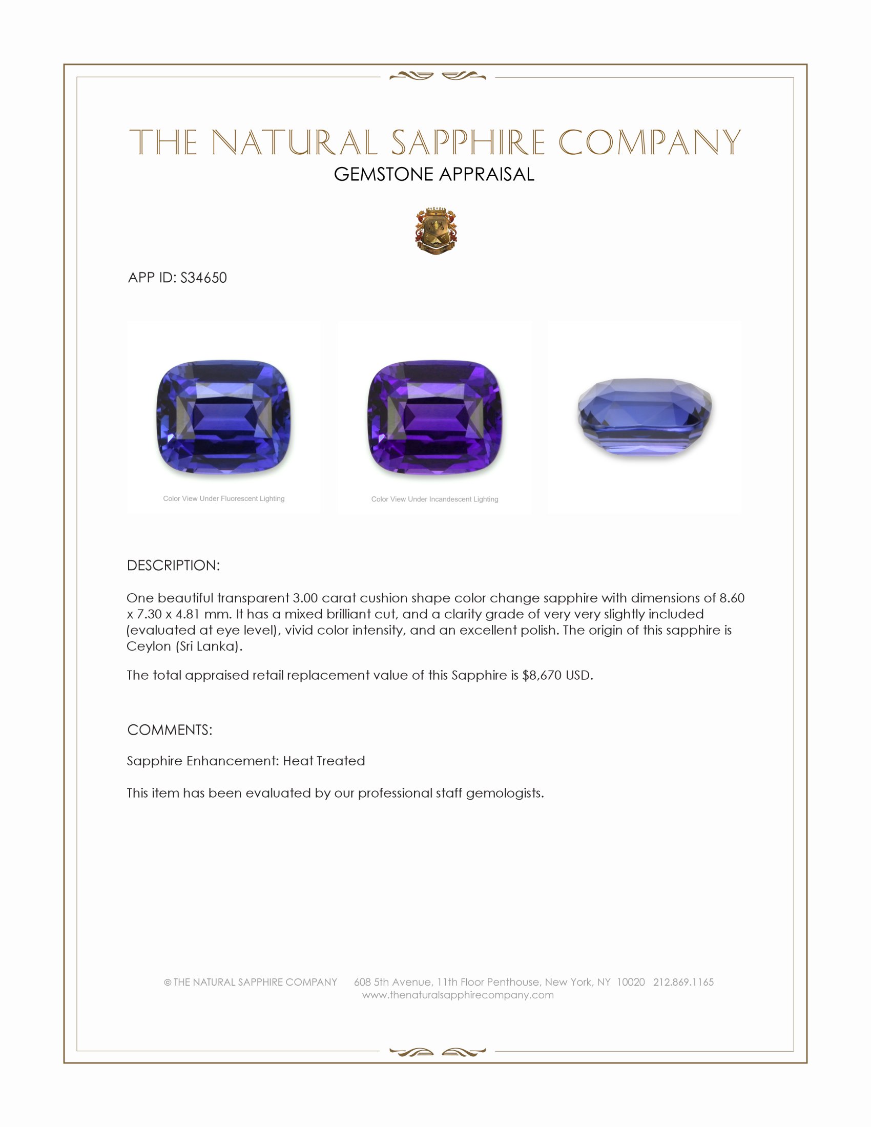 3.00 Ct. Color Change Sapphire from Ceylon (Sri Lanka)