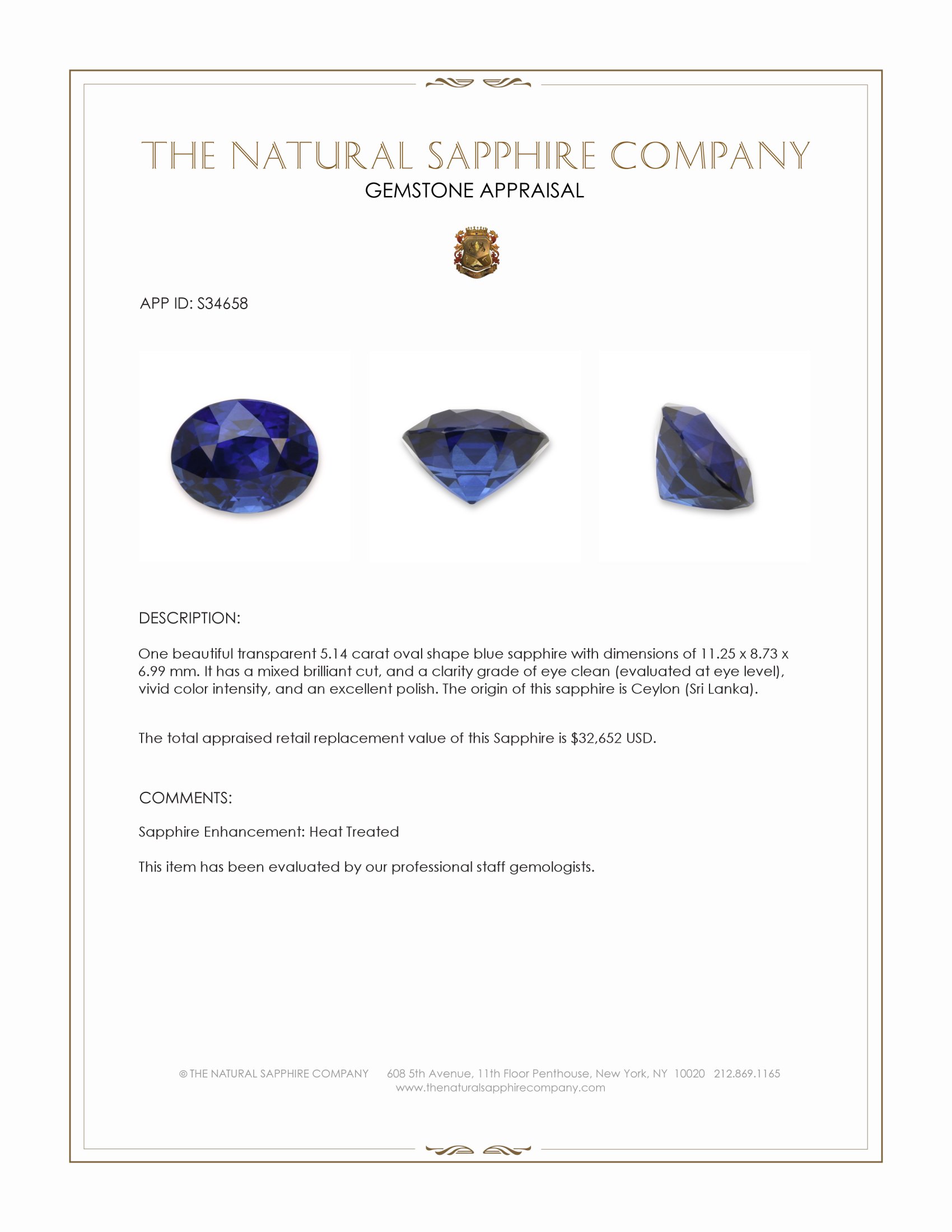 5.14 Ct. Blue Sapphire from Ceylon (Sri Lanka)