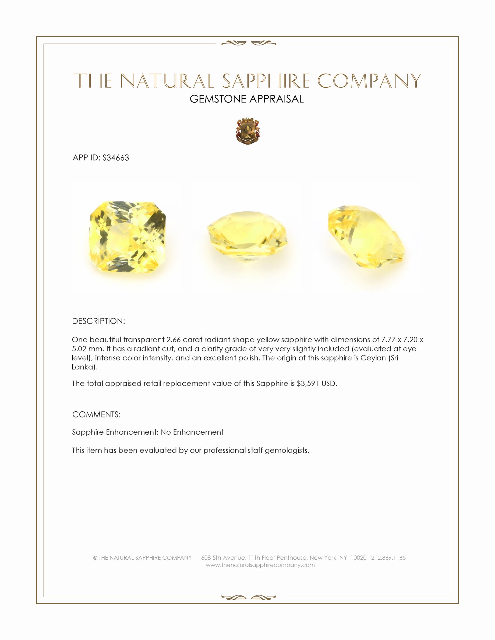 2.66 Ct. Yellow Sapphire from Ceylon (Sri Lanka)