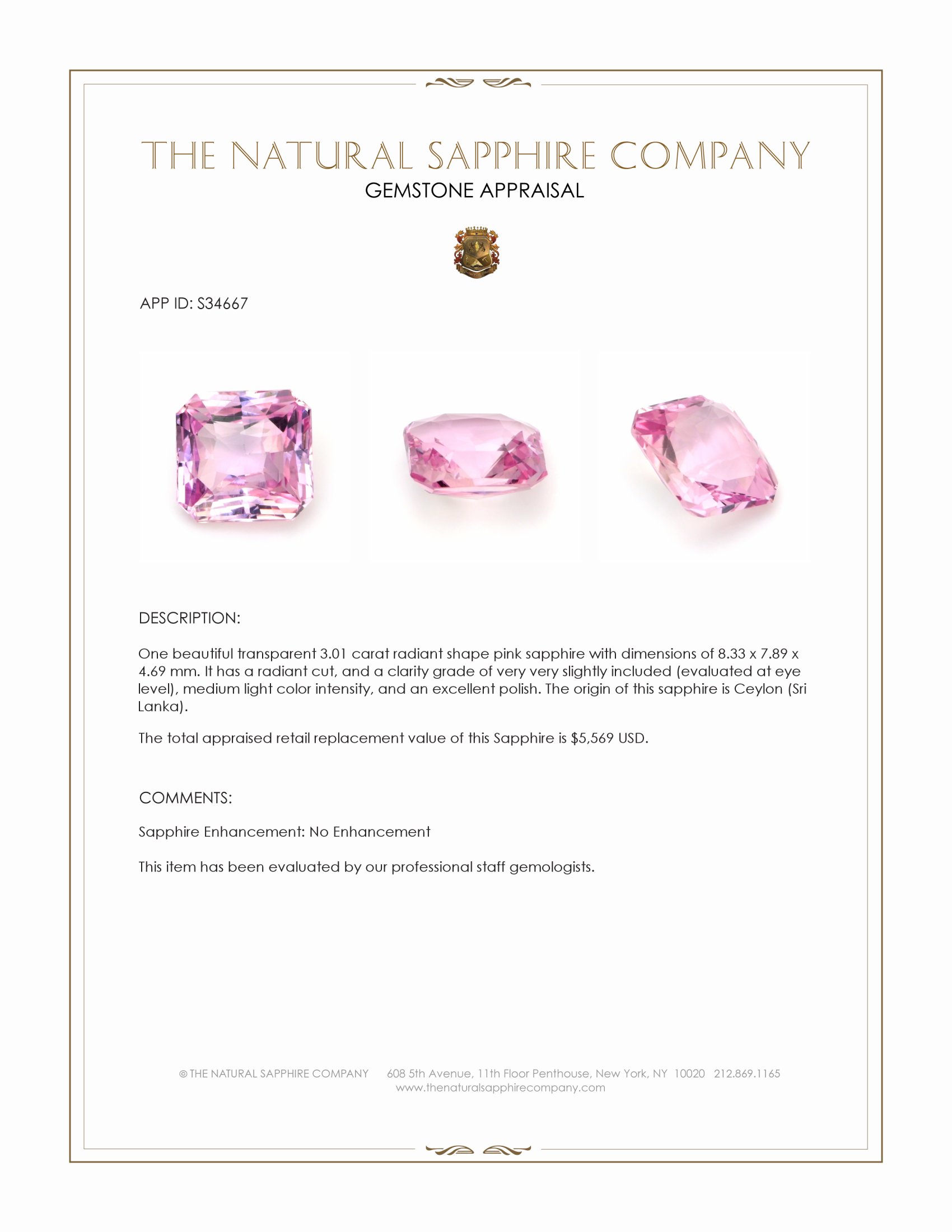 3.01 Ct. Pink Sapphire from Ceylon (Sri Lanka)