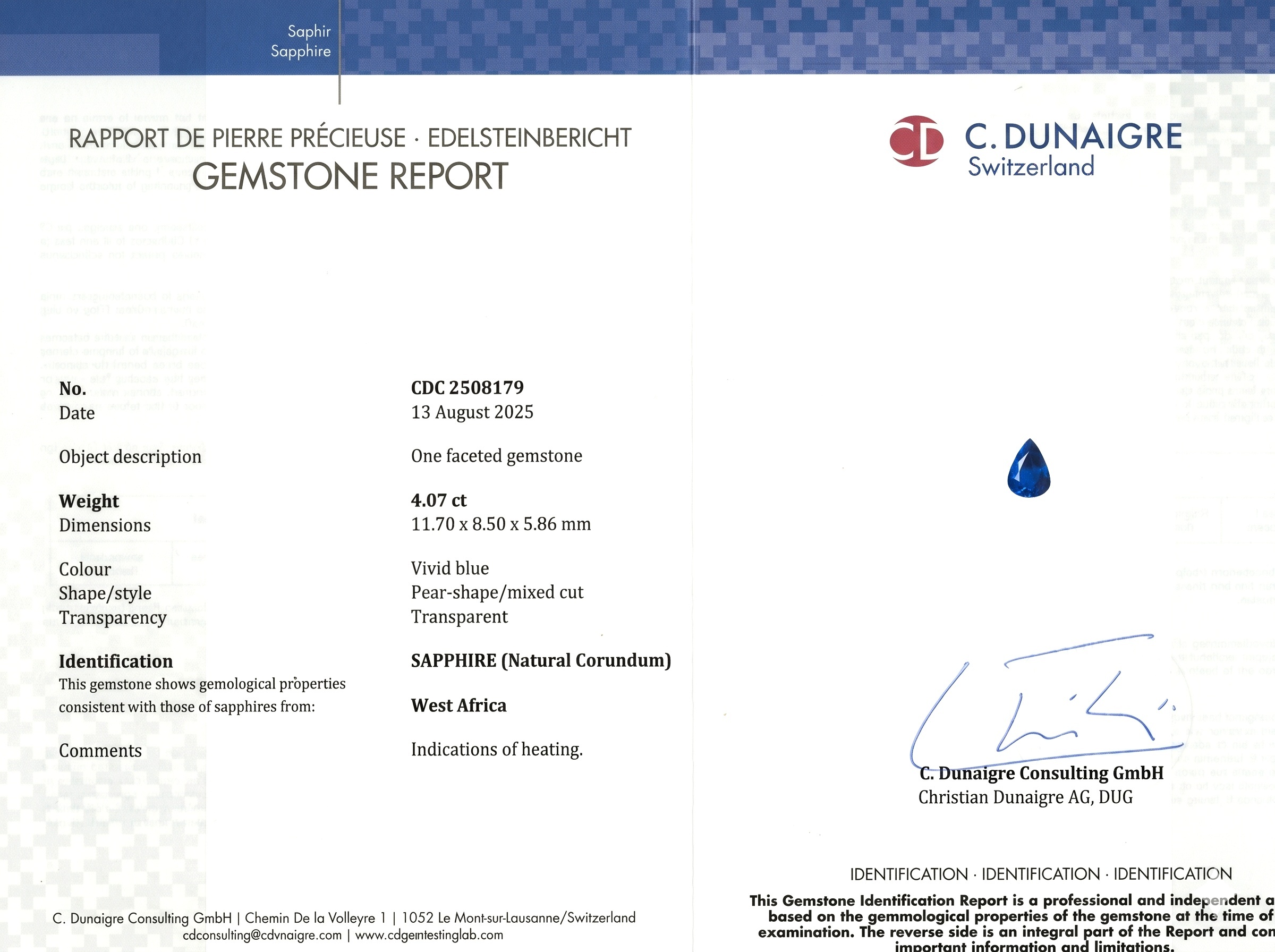 4.07 Ct. Blue Sapphire from West Africa
