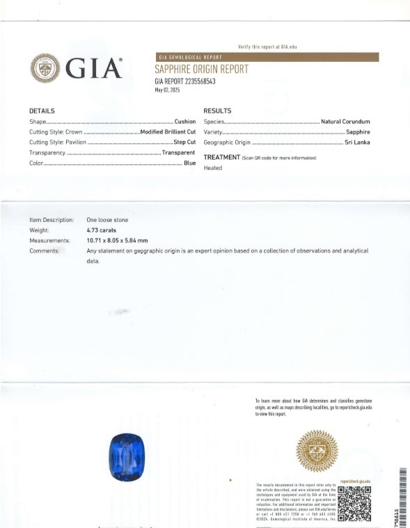 4.73 Ct. Blue Sapphire from Ceylon (Sri Lanka)