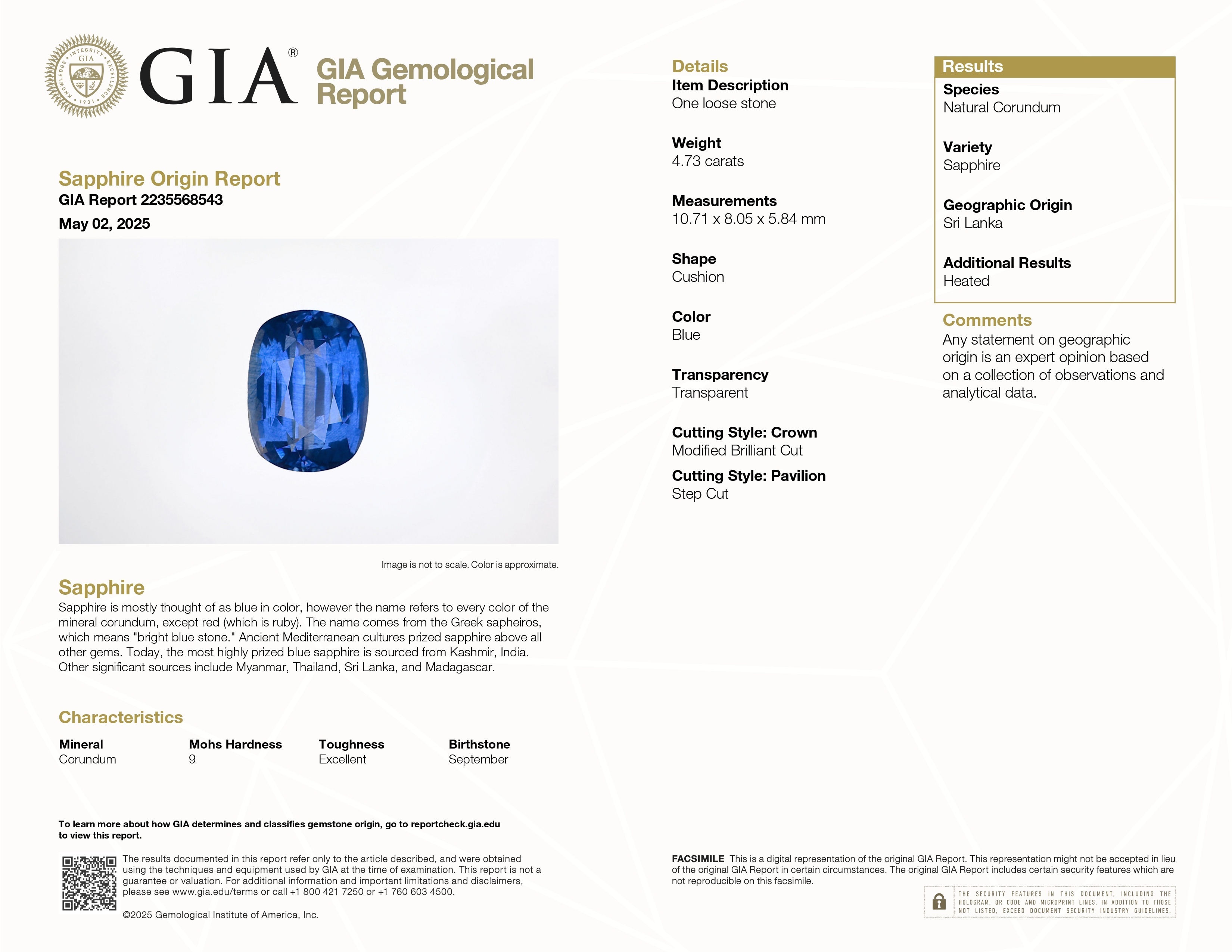 4.73 Ct. Blue Sapphire from Ceylon (Sri Lanka)