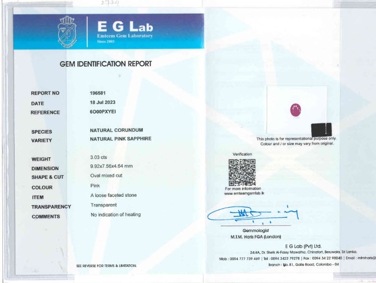 3.03 Ct. Pink Sapphire from Ceylon (Sri Lanka)