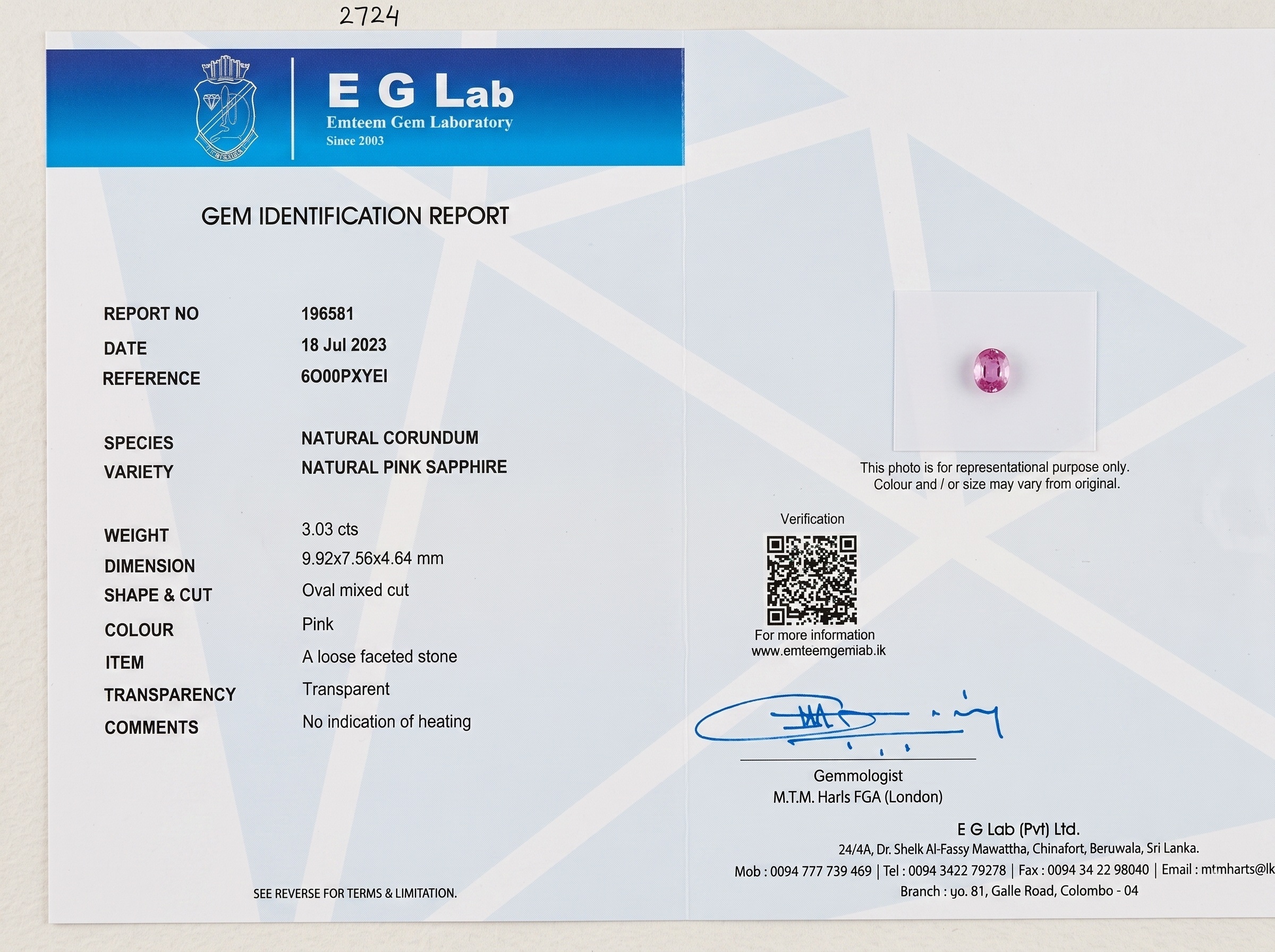 3.03 Ct. Pink Sapphire from Ceylon (Sri Lanka)