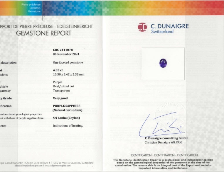 4.05 Ct. Purple Sapphire from Ceylon (Sri Lanka)