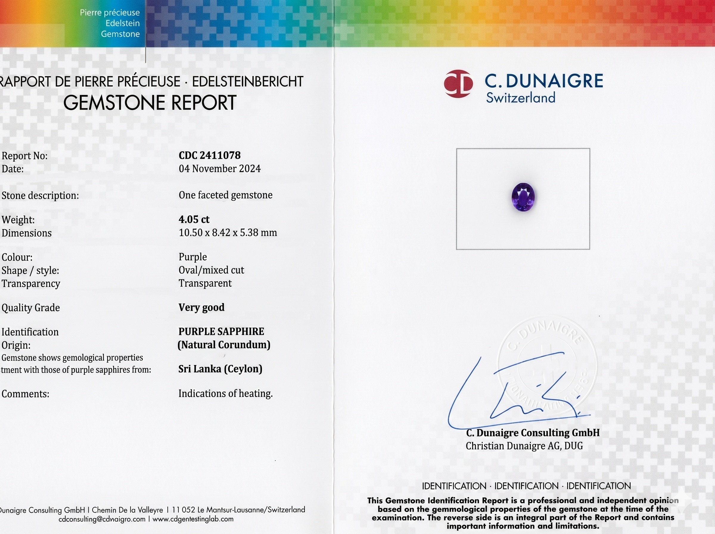 4.05 Ct. Purple Sapphire from Ceylon (Sri Lanka)
