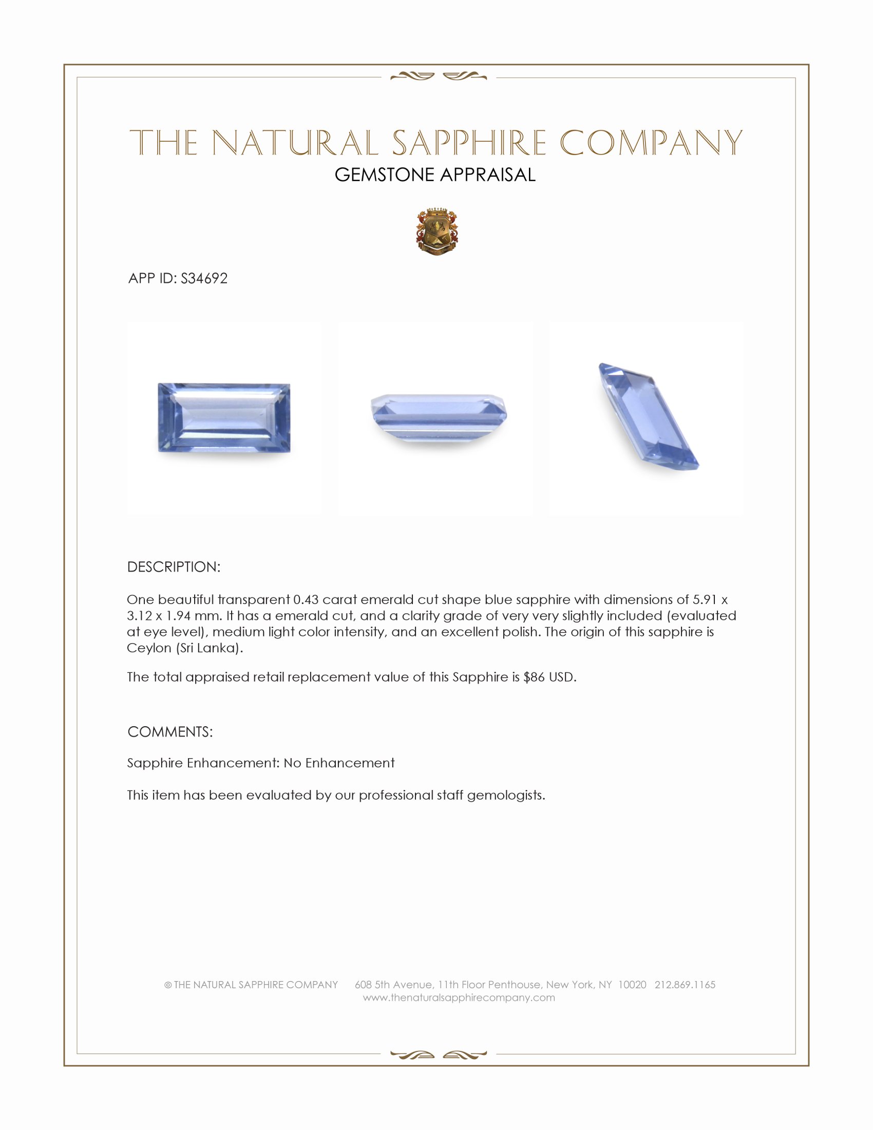 0.43 Ct. Blue Sapphire from Ceylon (Sri Lanka)