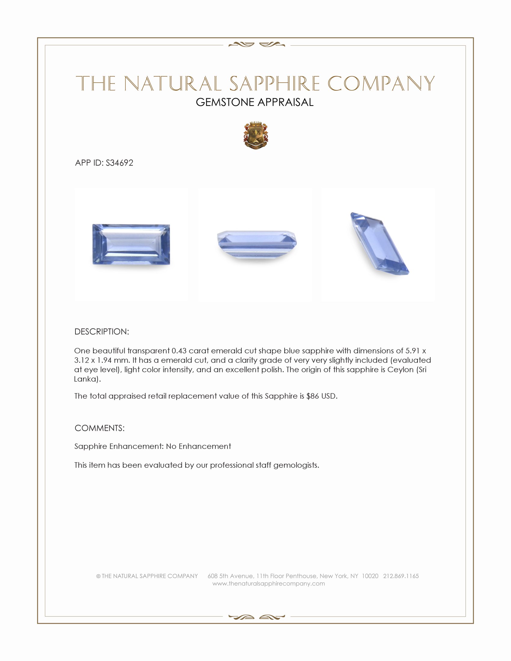 0.43 Ct. Blue Sapphire from Ceylon (Sri Lanka)